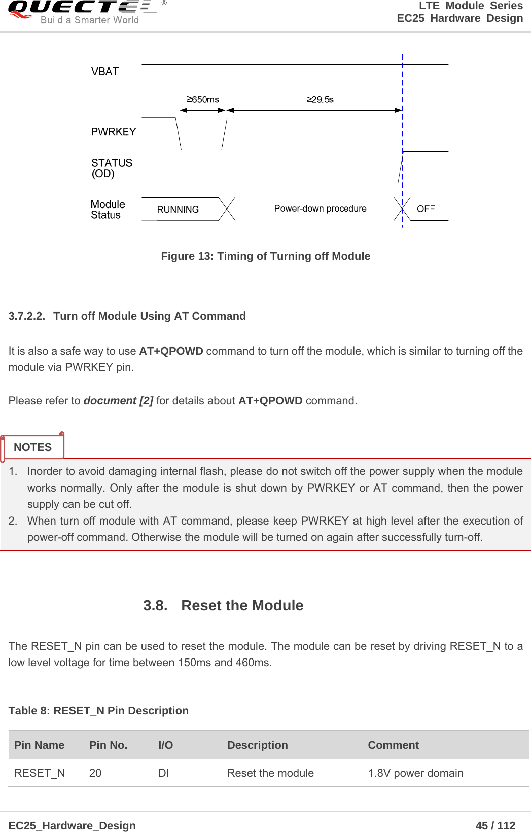 LTE Module Series                                                  EC25 Hardware Design  EC25_Hardware_Design                                                             45 / 112     Figure 13: Timing of Turning off Module  3.7.2.2.  Turn off Module Using AT Command It is also a safe way to use AT+QPOWD command to turn off the module, which is similar to turning off the module via PWRKEY pin.  Please refer to document [2] for details about AT+QPOWD command.   1.  Inorder to avoid damaging internal flash, please do not switch off the power supply when the module works normally. Only after the module is shut down by PWRKEY or AT command, then the power supply can be cut off. 2.  When turn off module with AT command, please keep PWRKEY at high level after the execution of power-off command. Otherwise the module will be turned on again after successfully turn-off.  3.8.  Reset the Module  The RESET_N pin can be used to reset the module. The module can be reset by driving RESET_N to a low level voltage for time between 150ms and 460ms.  Table 8: RESET_N Pin Description Pin Name    Pin No.  I/O  Description  Comment RESET_N  20  DI  Reset the module  1.8V power domain NOTES 