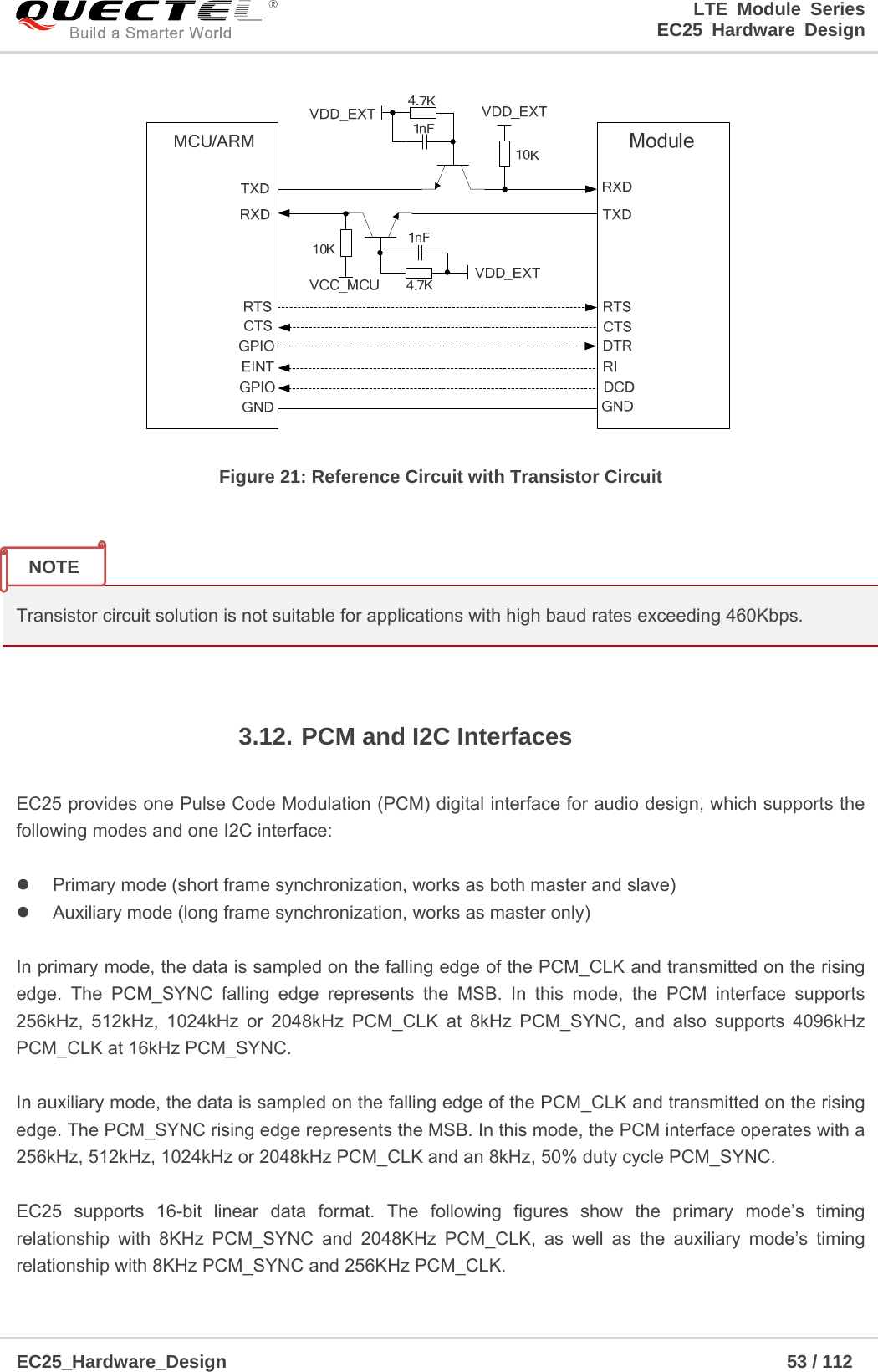 LTE Module Series                                                  EC25 Hardware Design  EC25_Hardware_Design                                                             53 / 112     Figure 21: Reference Circuit with Transistor Circuit    Transistor circuit solution is not suitable for applications with high baud rates exceeding 460Kbps.  3.12. PCM and I2C Interfaces  EC25 provides one Pulse Code Modulation (PCM) digital interface for audio design, which supports the following modes and one I2C interface:    Primary mode (short frame synchronization, works as both master and slave)   Auxiliary mode (long frame synchronization, works as master only)  In primary mode, the data is sampled on the falling edge of the PCM_CLK and transmitted on the rising edge. The PCM_SYNC falling edge represents the MSB. In this mode, the PCM interface supports 256kHz, 512kHz, 1024kHz or 2048kHz PCM_CLK at 8kHz PCM_SYNC, and also supports 4096kHz PCM_CLK at 16kHz PCM_SYNC.  In auxiliary mode, the data is sampled on the falling edge of the PCM_CLK and transmitted on the rising edge. The PCM_SYNC rising edge represents the MSB. In this mode, the PCM interface operates with a 256kHz, 512kHz, 1024kHz or 2048kHz PCM_CLK and an 8kHz, 50% duty cycle PCM_SYNC.  EC25 supports 16-bit linear data format. The following figures show the primary mode’s timing relationship with 8KHz PCM_SYNC and 2048KHz PCM_CLK, as well as the auxiliary mode’s timing relationship with 8KHz PCM_SYNC and 256KHz PCM_CLK. NOTE 