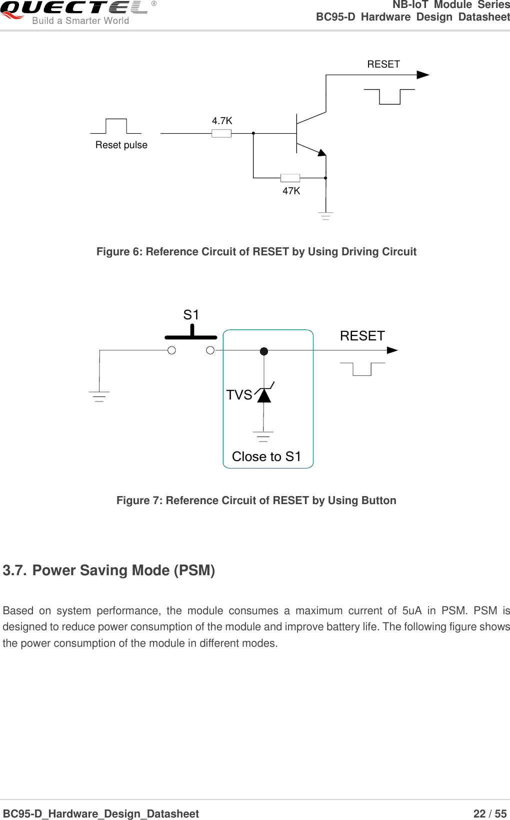                                                            NB-IoT  Module  Series                                                          BC95-D  Hardware  Design  Datasheet BC95-D_Hardware_Design_Datasheet                                                                    22 / 55    Reset pulseRESET4.7K47K Figure 6: Reference Circuit of RESET by Using Driving Circuit  RESETS1Close to S1TVS Figure 7: Reference Circuit of RESET by Using Button  3.7. Power Saving Mode (PSM)  Based  on  system  performance,  the  module  consumes  a  maximum  current  of  5uA  in  PSM.  PSM  is designed to reduce power consumption of the module and improve battery life. The following figure shows the power consumption of the module in different modes.   