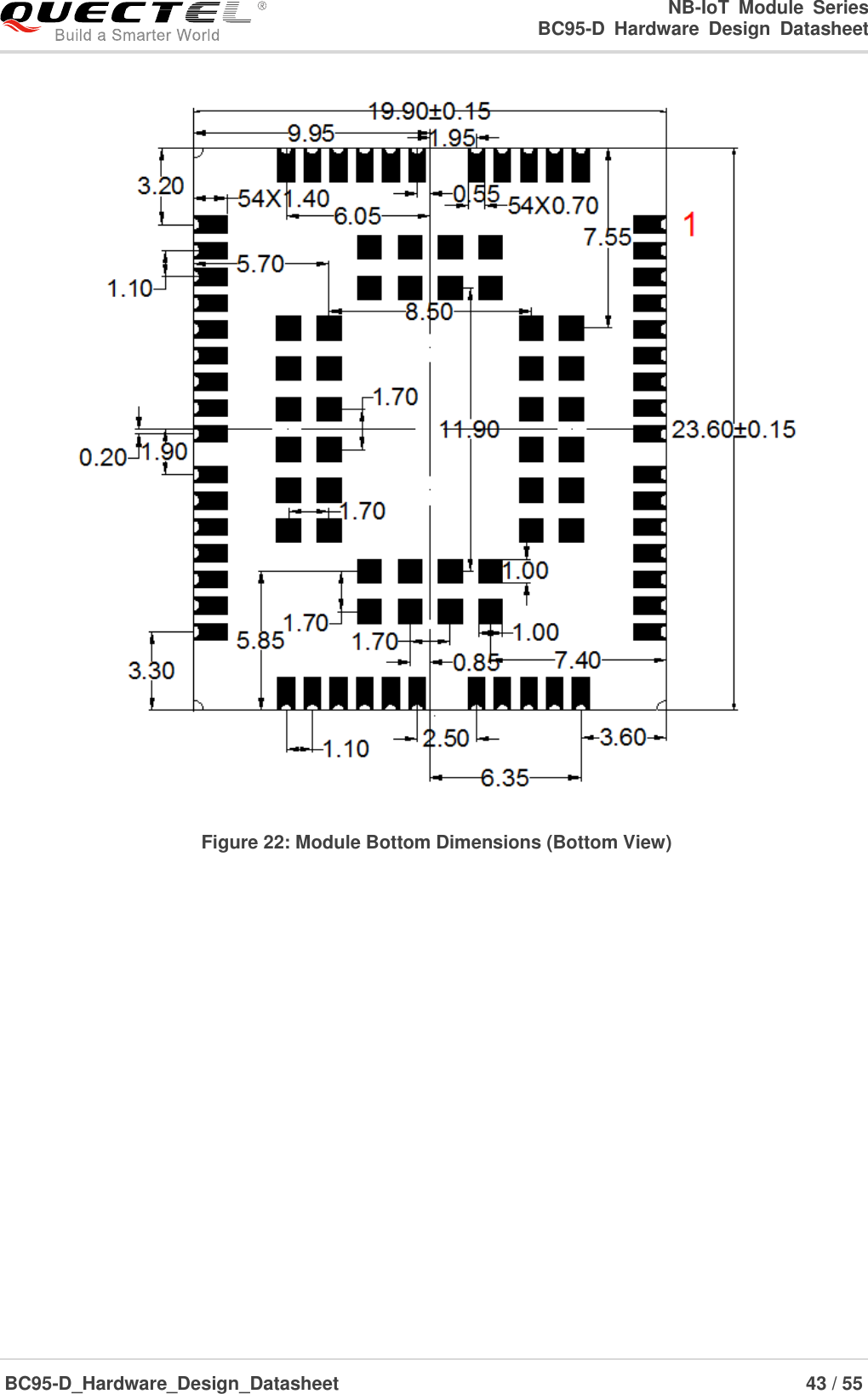                                                            NB-IoT  Module  Series                                                          BC95-D  Hardware  Design  Datasheet BC95-D_Hardware_Design_Datasheet                                                                    43 / 55     Figure 22: Module Bottom Dimensions (Bottom View)    