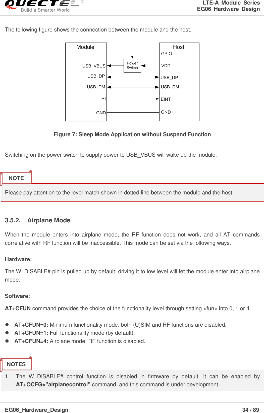 LTE-A  Module  Series                                                  EG06  Hardware  Design  EG06_Hardware_Design                                                               34 / 89    The following figure shows the connection between the module and the host. USB_VBUSUSB_DPUSB_DMVDDUSB_DPUSB_DMModule HostRI EINTPower SwitchGPIOGND GND Figure 7: Sleep Mode Application without Suspend Function  Switching on the power switch to supply power to USB_VBUS will wake up the module.   Please pay attention to the level match shown in dotted line between the module and the host.    3.5.2.  Airplane Mode When  the  module  enters  into  airplane  mode,  the  RF  function  does  not  work,  and  all  AT  commands correlative with RF function will be inaccessible. This mode can be set via the following ways.  Hardware: The W_DISABLE# pin is pulled up by default; driving it to low level will let the module enter into airplane mode.  Software: AT+CFUN command provides the choice of the functionality level through setting &lt;fun&gt; into 0, 1 or 4.   AT+CFUN=0: Minimum functionality mode; both (U)SIM and RF functions are disabled.  AT+CFUN=1: Full functionality mode (by default).  AT+CFUN=4: Airplane mode. RF function is disabled.   1.  The  W_DISABLE#  control  function  is  disabled  in  firmware  by  default.  It  can  be  enabled  by AT+QCFG=&quot;airplanecontrol&quot; command, and this command is under development. NOTES NOTE 