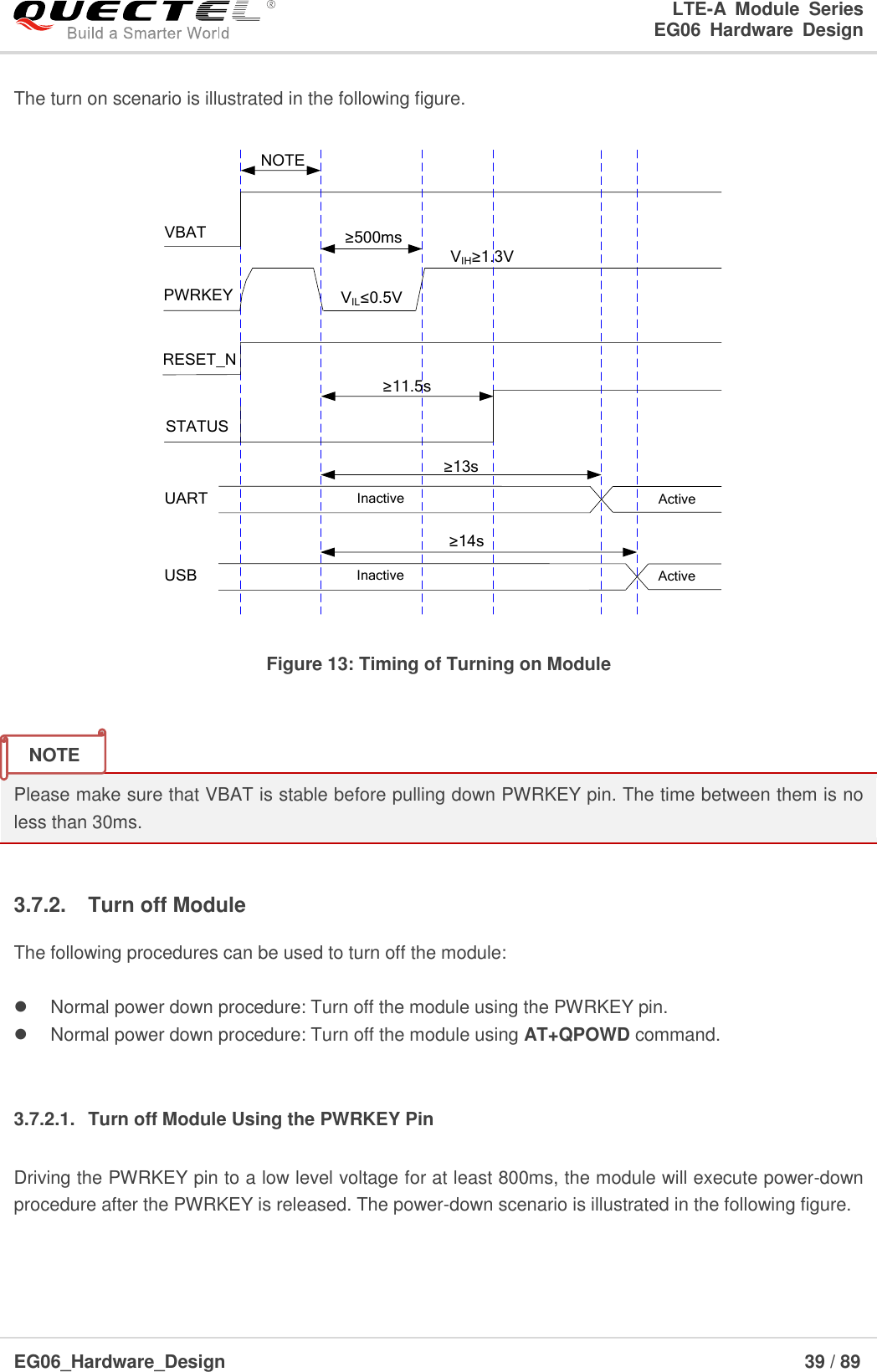 LTE-A  Module  Series                                                  EG06  Hardware  Design  EG06_Hardware_Design                                                               39 / 89    The turn on scenario is illustrated in the following figure. VIL≤0.5VVIH≥1.3VVBATPWRKEY≥500msRESET_NSTATUSInactive ActiveUARTNOTEInactive ActiveUSB≥11.5s≥13s≥14s Figure 13: Timing of Turning on Module   Please make sure that VBAT is stable before pulling down PWRKEY pin. The time between them is no less than 30ms.  3.7.2.  Turn off Module The following procedures can be used to turn off the module:    Normal power down procedure: Turn off the module using the PWRKEY pin.   Normal power down procedure: Turn off the module using AT+QPOWD command.  3.7.2.1.  Turn off Module Using the PWRKEY Pin Driving the PWRKEY pin to a low level voltage for at least 800ms, the module will execute power-down procedure after the PWRKEY is released. The power-down scenario is illustrated in the following figure. NOTE 