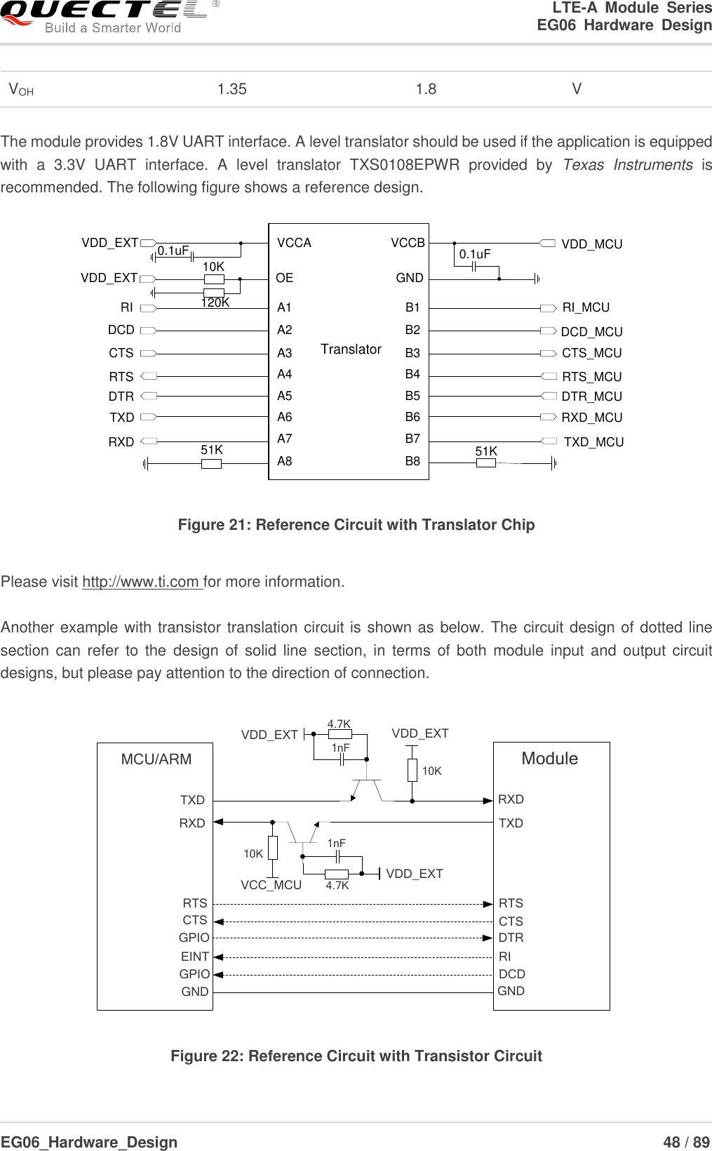 LTE-A  Module  Series                                                  EG06  Hardware  Design  EG06_Hardware_Design                                                               48 / 89     The module provides 1.8V UART interface. A level translator should be used if the application is equipped with  a  3.3V  UART  interface.  A  level  translator  TXS0108EPWR  provided  by  Texas  Instruments  is recommended. The following figure shows a reference design. VCCA VCCBOEA1A2A3A4A5A6A7A8GNDB1B2B3B4B5B6B7B8VDD_EXTRIDCDRTSRXDDTRCTSTXD51K 51K0.1uF 0.1uFRI_MCUDCD_MCURTS_MCUTXD_MCUDTR_MCUCTS_MCURXD_MCUVDD_MCUTranslatorVDD_EXT 10K120K Figure 21: Reference Circuit with Translator Chip  Please visit http://www.ti.com for more information.  Another example with transistor translation circuit is shown as below. The circuit design of dotted line section can  refer  to the  design of solid  line  section, in  terms  of both module  input  and output circuit designs, but please pay attention to the direction of connection. MCU/ARMTXDRXDVDD_EXT10KVCC_MCU 4.7K10KVDD_EXTTXDRXDRTSCTSDTRRIRTSCTSGNDGPIO DCDModuleGPIOEINTVDD_EXT4.7KGND1nF1nF Figure 22: Reference Circuit with Transistor Circuit VOH 1.35 1.8 V 