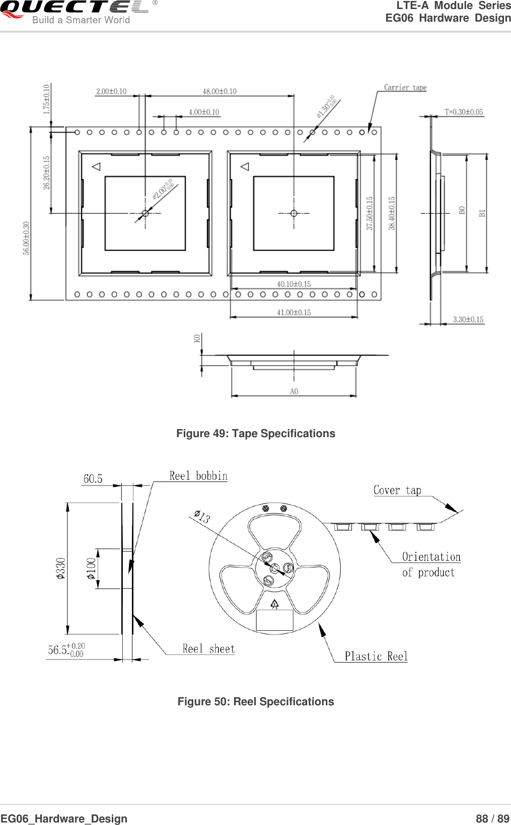 LTE-A  Module  Series                                                  EG06  Hardware  Design  EG06_Hardware_Design                                                               88 / 89     Figure 49: Tape Specifications   Figure 50: Reel Specifications   