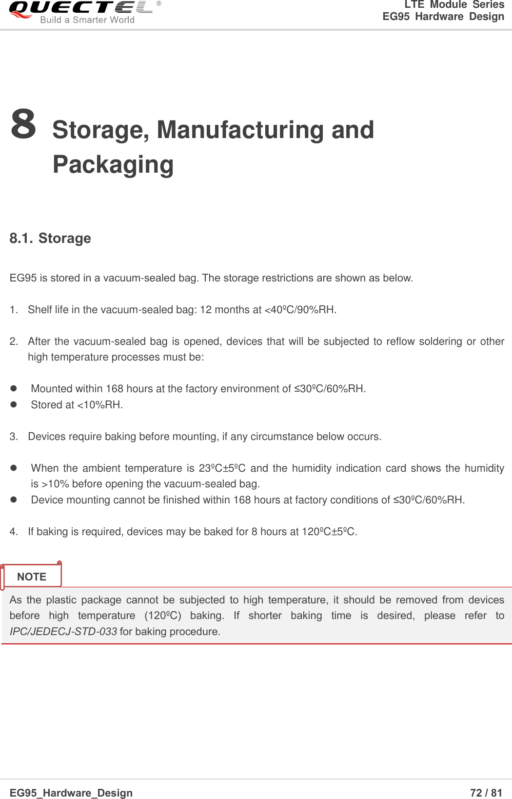 LTE  Module  Series                                                  EG95  Hardware  Design  EG95_Hardware_Design                                                                   72 / 81    8 Storage, Manufacturing and Packaging  8.1. Storage  EG95 is stored in a vacuum-sealed bag. The storage restrictions are shown as below.    1.  Shelf life in the vacuum-sealed bag: 12 months at &lt;40ºC/90%RH.  2.  After the vacuum-sealed bag is opened, devices that will be subjected to reflow soldering or other high temperature processes must be:      Mounted within 168 hours at the factory environment of ≤30ºC/60%RH.   Stored at &lt;10%RH.  3.  Devices require baking before mounting, if any circumstance below occurs.    When the ambient temperature is 23ºC±5ºC and the humidity indication card shows the humidity is &gt;10% before opening the vacuum-sealed bag.    Device mounting cannot be finished within 168 hours at factory conditions of ≤30ºC/60%RH.  4.  If baking is required, devices may be baked for 8 hours at 120ºC±5ºC.   As  the  plastic  package  cannot  be  subjected  to  high  temperature,  it  should  be  removed  from  devices before  high  temperature  (120ºC )  baking.  If  shorter  baking  time  is  desired,  please  refer  to IPC/JEDECJ-STD-033 for baking procedure.    NOTE 