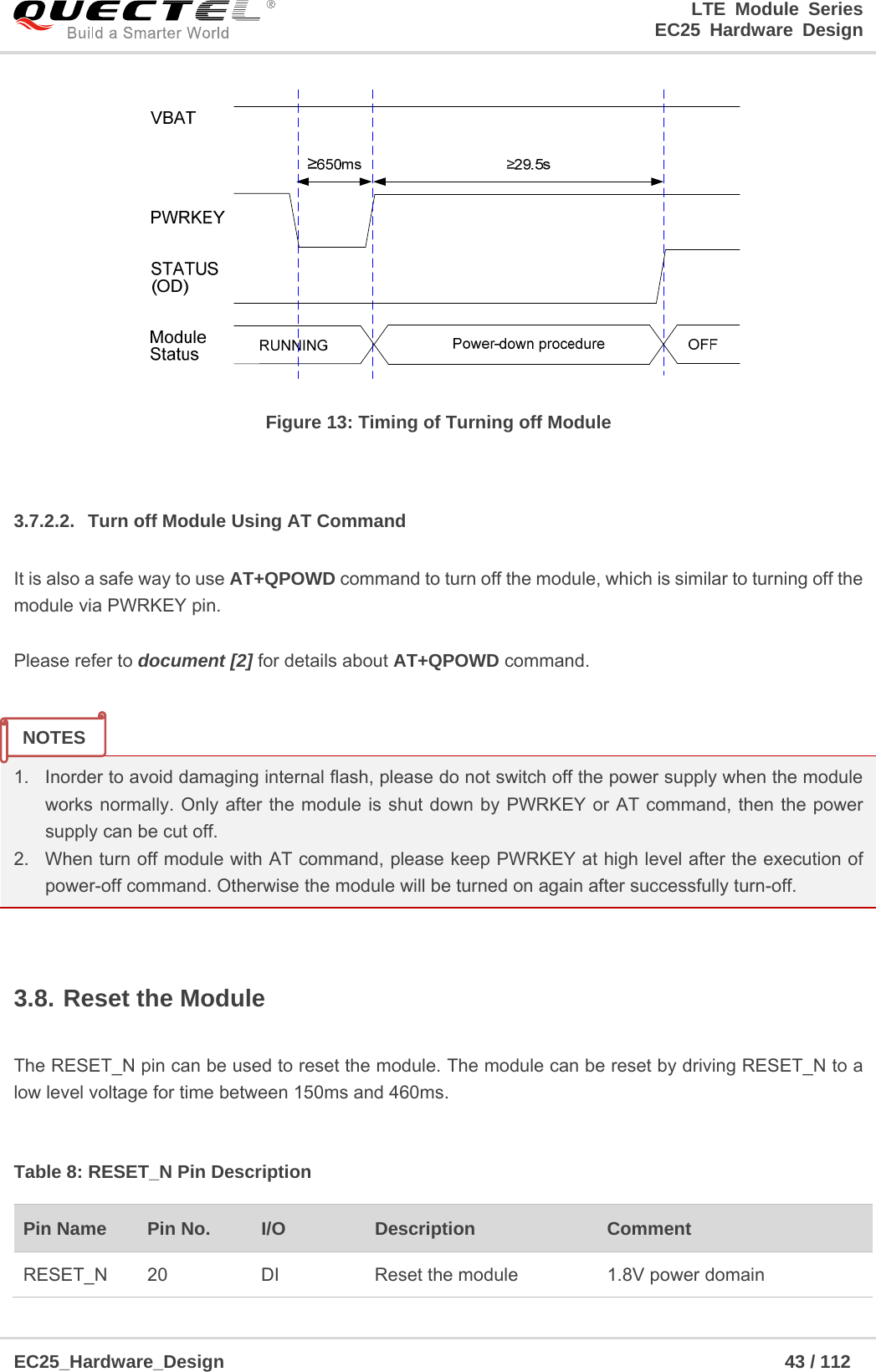 LTE Module Series                                                  EC25 Hardware Design  EC25_Hardware_Design                                                             43 / 112     Figure 13: Timing of Turning off Module  3.7.2.2.  Turn off Module Using AT Command It is also a safe way to use AT+QPOWD command to turn off the module, which is similar to turning off the module via PWRKEY pin.  Please refer to document [2] for details about AT+QPOWD command.   1.  Inorder to avoid damaging internal flash, please do not switch off the power supply when the module works normally. Only after the module is shut down by PWRKEY or AT command, then the power supply can be cut off. 2.  When turn off module with AT command, please keep PWRKEY at high level after the execution of power-off command. Otherwise the module will be turned on again after successfully turn-off.  3.8. Reset the Module  The RESET_N pin can be used to reset the module. The module can be reset by driving RESET_N to a low level voltage for time between 150ms and 460ms.  Table 8: RESET_N Pin Description Pin Name    Pin No.  I/O  Description  Comment RESET_N  20  DI  Reset the module  1.8V power domain NOTES 