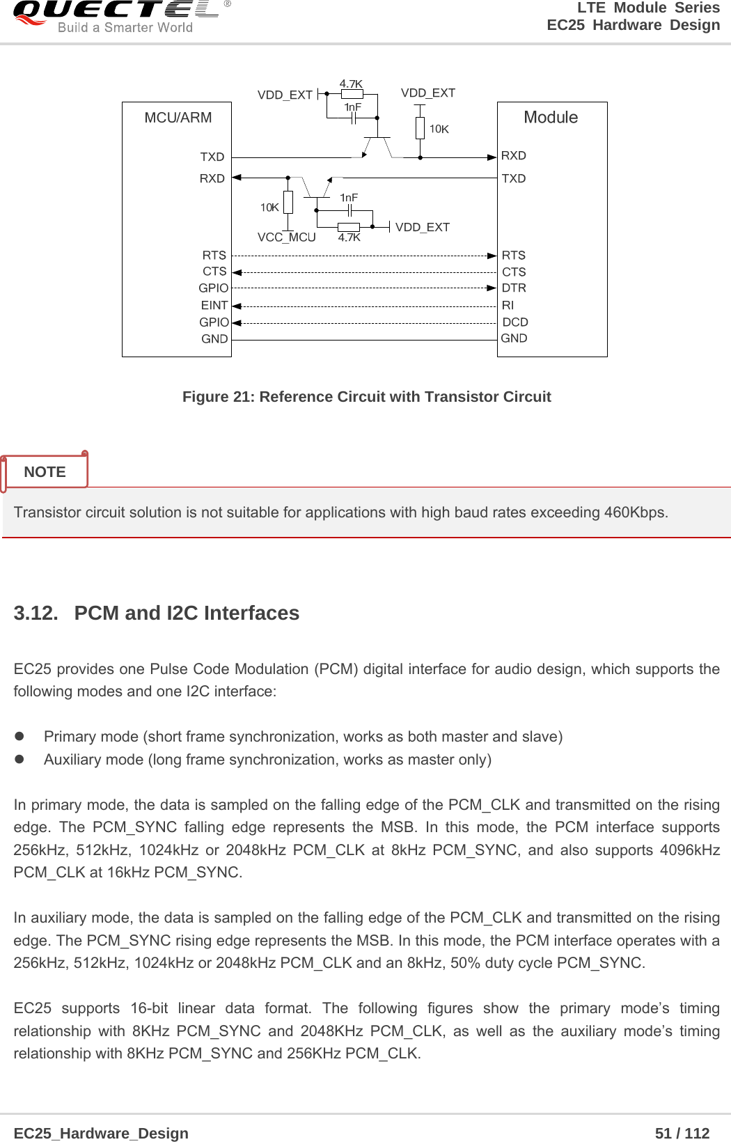 LTE Module Series                                                  EC25 Hardware Design  EC25_Hardware_Design                                                             51 / 112     Figure 21: Reference Circuit with Transistor Circuit    Transistor circuit solution is not suitable for applications with high baud rates exceeding 460Kbps.  3.12.  PCM and I2C Interfaces  EC25 provides one Pulse Code Modulation (PCM) digital interface for audio design, which supports the following modes and one I2C interface:    Primary mode (short frame synchronization, works as both master and slave)   Auxiliary mode (long frame synchronization, works as master only)  In primary mode, the data is sampled on the falling edge of the PCM_CLK and transmitted on the rising edge. The PCM_SYNC falling edge represents the MSB. In this mode, the PCM interface supports 256kHz, 512kHz, 1024kHz or 2048kHz PCM_CLK at 8kHz PCM_SYNC, and also supports 4096kHz PCM_CLK at 16kHz PCM_SYNC.  In auxiliary mode, the data is sampled on the falling edge of the PCM_CLK and transmitted on the rising edge. The PCM_SYNC rising edge represents the MSB. In this mode, the PCM interface operates with a 256kHz, 512kHz, 1024kHz or 2048kHz PCM_CLK and an 8kHz, 50% duty cycle PCM_SYNC.  EC25 supports 16-bit linear data format. The following figures show the primary mode’s timing relationship with 8KHz PCM_SYNC and 2048KHz PCM_CLK, as well as the auxiliary mode’s timing relationship with 8KHz PCM_SYNC and 256KHz PCM_CLK. NOTE 