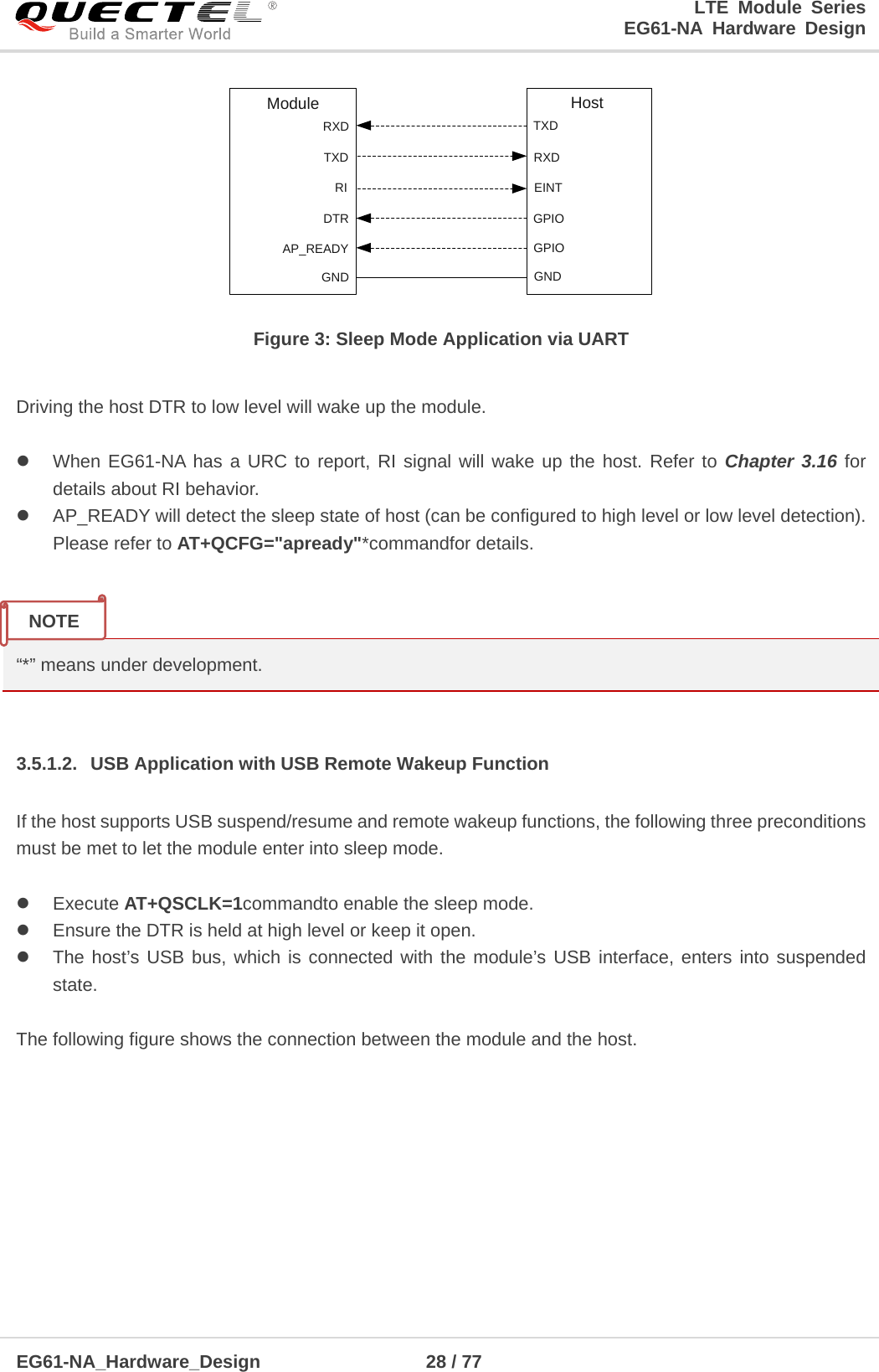 LTE Module Series                                                  EG61-NA Hardware Design  EG61-NA_Hardware_Design                  28 / 77    RXDTXDRIDTRAP_READYTXDRXDEINTGPIOGPIOModule HostGND GND Figure 3: Sleep Mode Application via UART  Driving the host DTR to low level will wake up the module.     When EG61-NA has a URC to report, RI signal will wake up the host. Refer to Chapter 3.16 for details about RI behavior.  AP_READY will detect the sleep state of host (can be configured to high level or low level detection). Please refer to AT+QCFG=&quot;apready&quot;*commandfor details.   “*” means under development.  3.5.1.2. USB Application with USB Remote Wakeup Function If the host supports USB suspend/resume and remote wakeup functions, the following three preconditions must be met to let the module enter into sleep mode.   Execute AT+QSCLK=1commandto enable the sleep mode.  Ensure the DTR is held at high level or keep it open.  The host’s USB bus, which is connected with the module’s USB interface, enters into suspended state.  The following figure shows the connection between the module and the host.  NOTE 