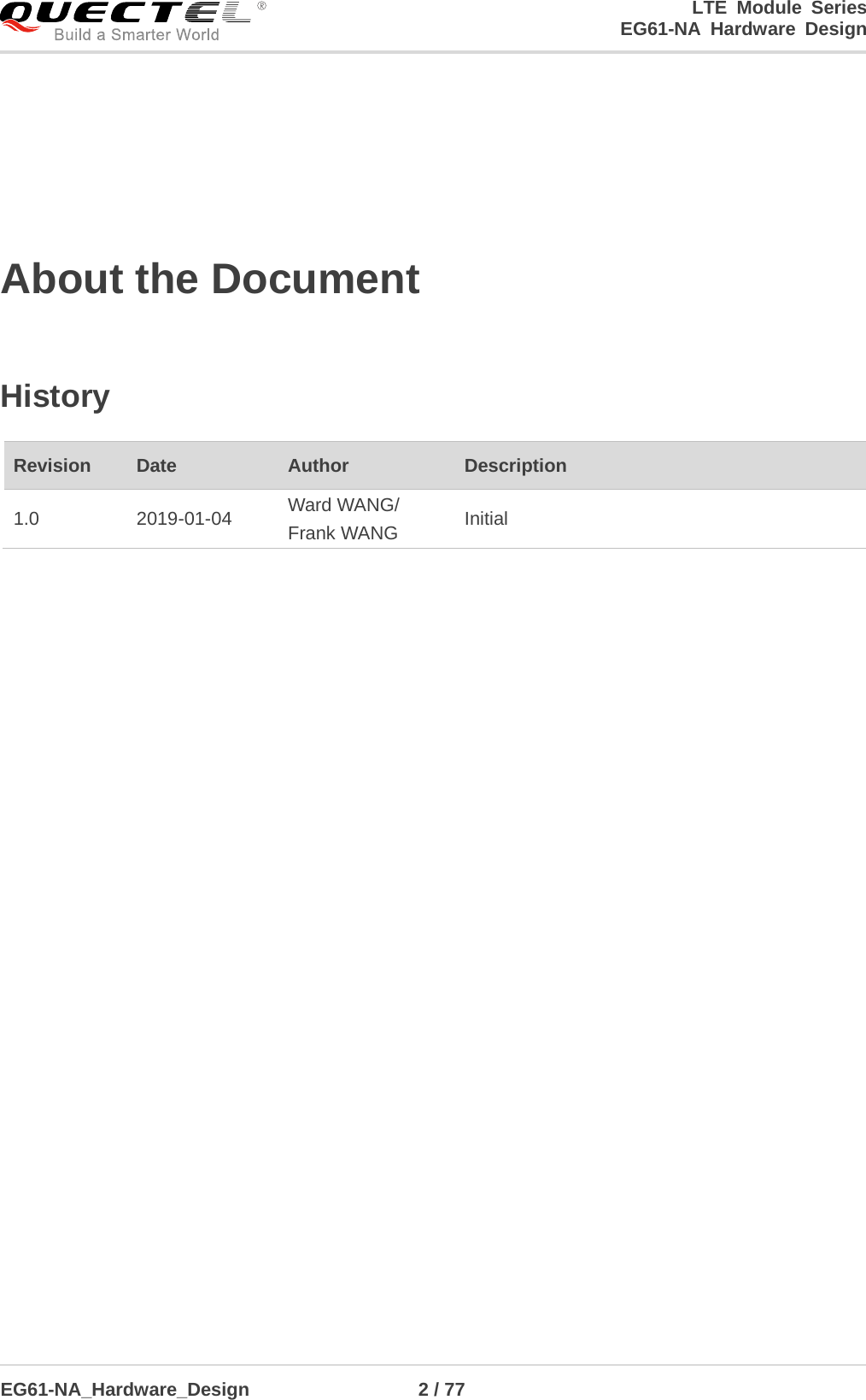 LTE Module Series                                                  EG61-NA Hardware Design  EG61-NA_Hardware_Design                  2 / 77    About the Document  History   Revision   Date Author Description 1.0 2019-01-04  Ward WANG/ Frank WANG Initial 