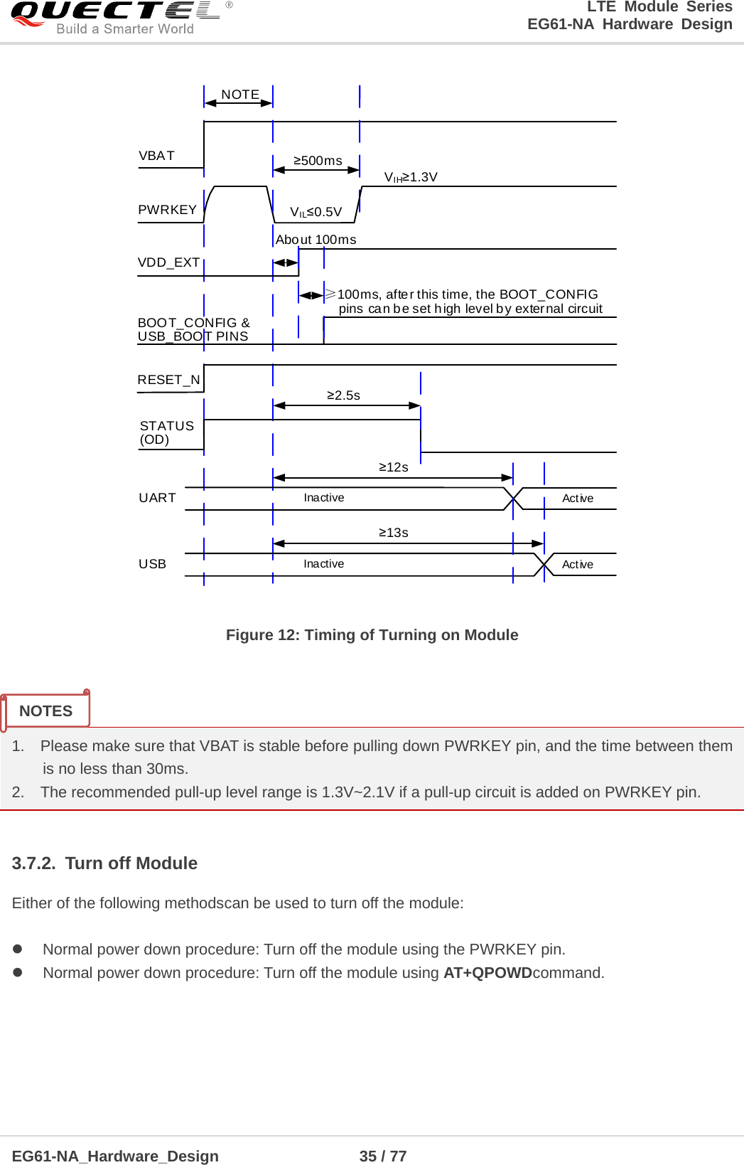 LTE Module Series                                                  EG61-NA Hardware Design  EG61-NA_Hardware_Design                  35 / 77    VIL≤0.5VVIH≥1.3VVBATPWRKEY≥500msRESET_NSTATUS(OD)InactiveActiveUARTNOTEInactiveActiveUSB≥2.5s≥12s≥13sVDD_EXTAbout 100msBOOT_CONFIG &amp; USB_BOOT PINS≥100ms, after this time, the BOOT_CONFIG     pins can be set high level by external circuit Figure 12: Timing of Turning on Module   1.  Please make sure that VBAT is stable before pulling down PWRKEY pin, and the time between them is no less than 30ms. 2.    The recommended pull-up level range is 1.3V~2.1V if a pull-up circuit is added on PWRKEY pin.  3.7.2. Turn off Module Either of the following methodscan be used to turn off the module:   Normal power down procedure: Turn off the module using the PWRKEY pin.  Normal power down procedure: Turn off the module using AT+QPOWDcommand.   NOTES 