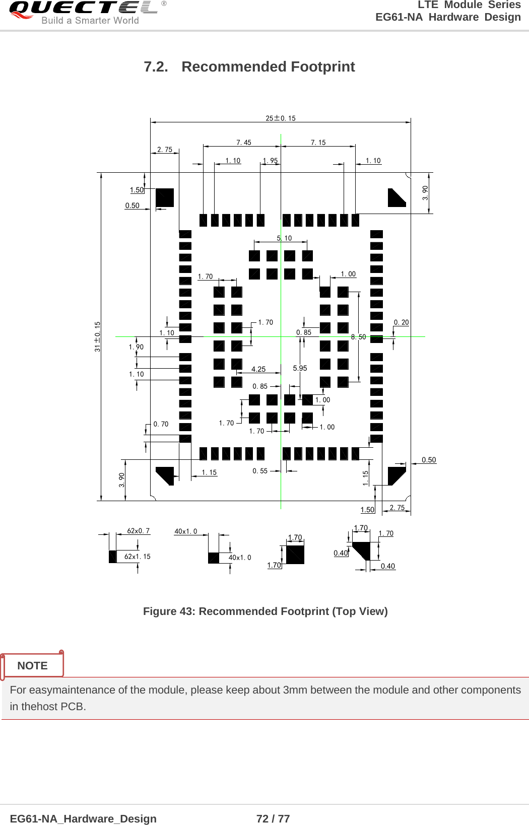 LTE Module Series                                                  EG61-NA Hardware Design  EG61-NA_Hardware_Design                  72 / 77    7.2. Recommended Footprint 1.001.700.700.550.851.001.701.7062x0.740x1.040x1.025±0.1531±0.153.902.752.753.901.151.157.45 7.150.85 8.505.100.201.101.901.101.951.001.10 1.1062x1.151.501.701.700.401.70 1.700.400.501.505.954.250.501.70 Figure 43: Recommended Footprint (Top View)   For easymaintenance of the module, please keep about 3mm between the module and other components in thehost PCB. NOTE 