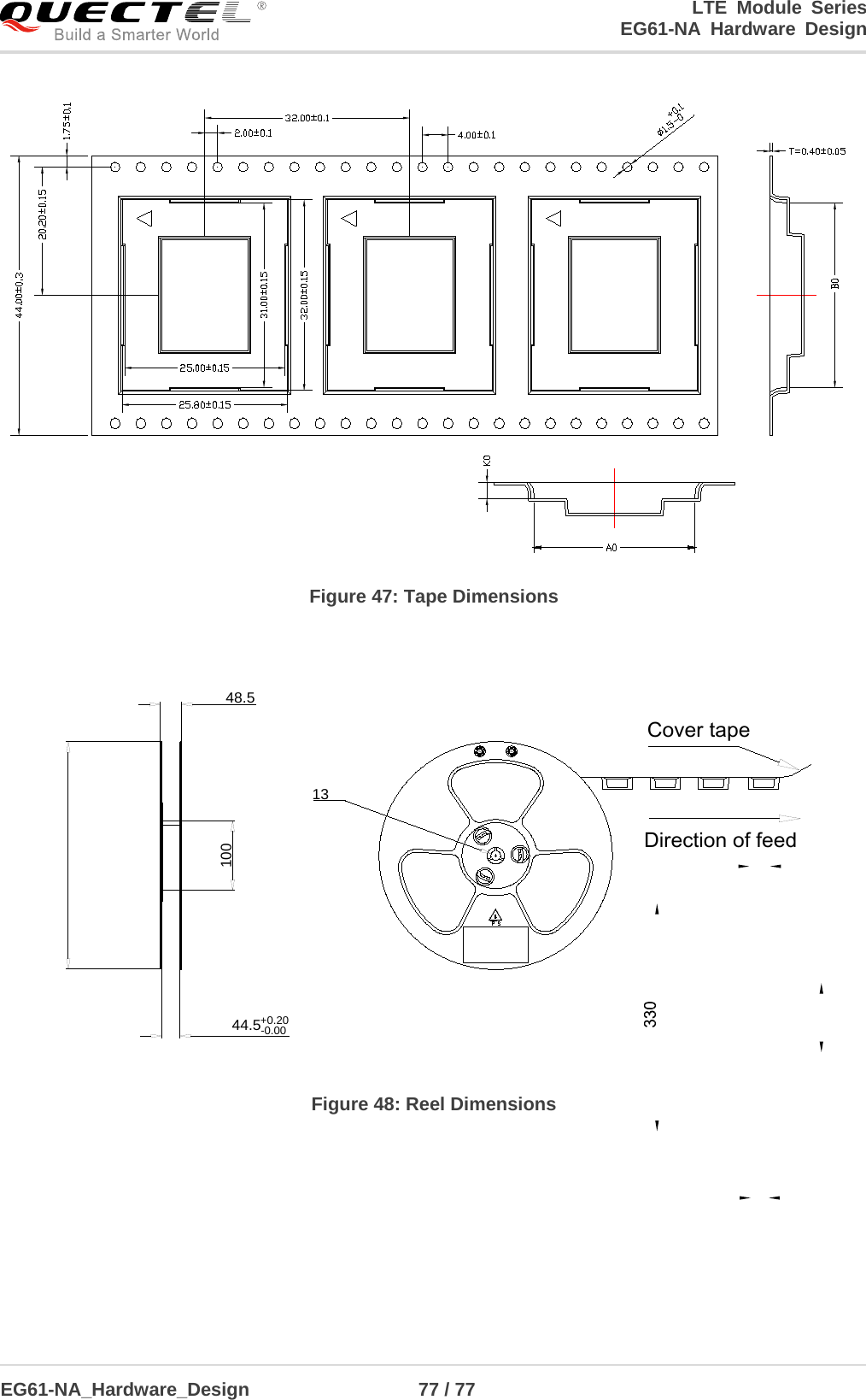 LTE Module Series                                                  EG61-NA Hardware Design  EG61-NA_Hardware_Design                  77 / 77     Figure 47: Tape Dimensions  Direction of feedCover tape1310044.5+0.20-0.0048.5 Figure 48: Reel Dimensions 