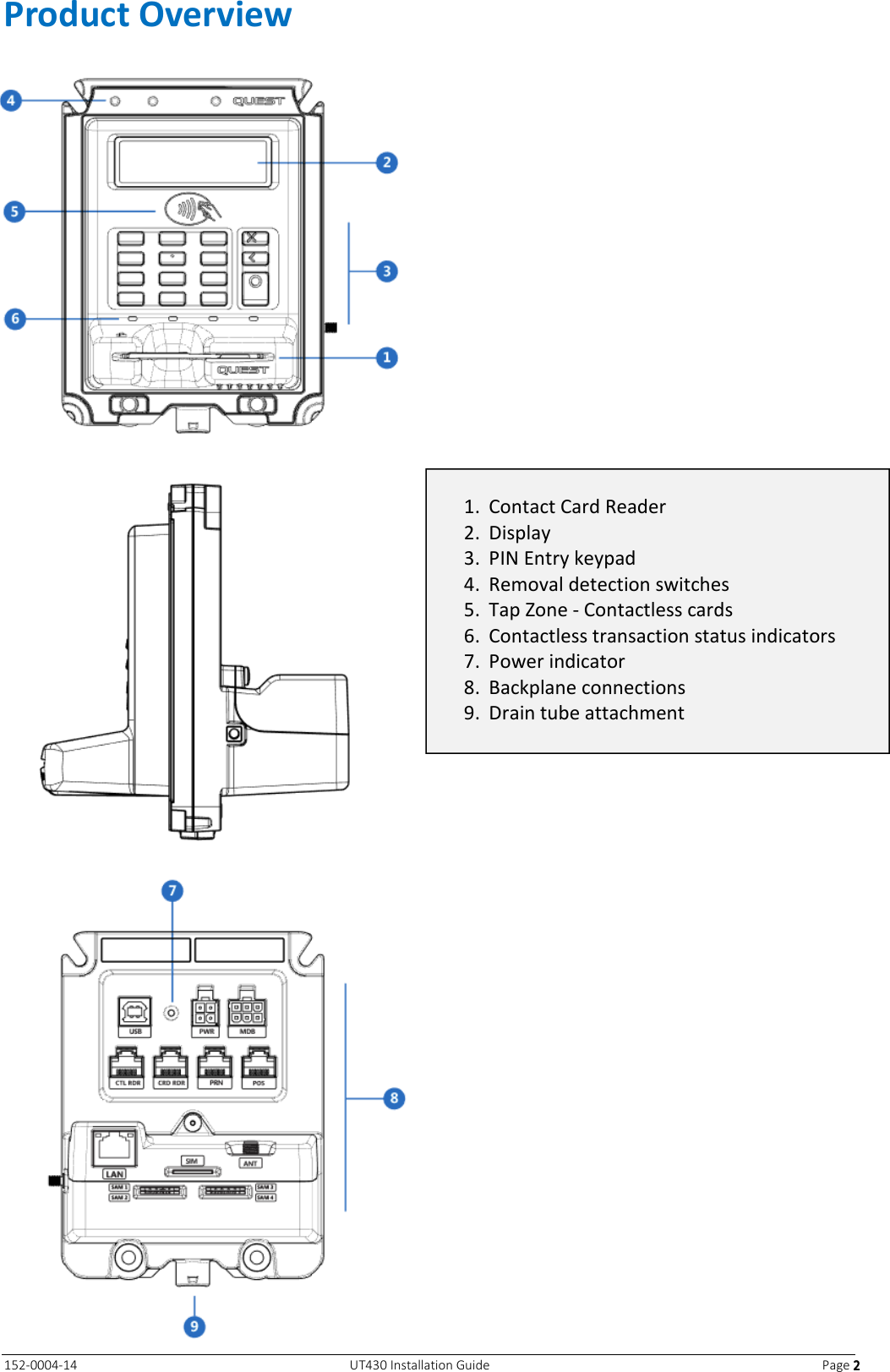   152-0004-14  UT430 Installation Guide  Page 2222 Product Overview   1. Contact Card Reader 2. Display 3. PIN Entry keypad 4. Removal detection switches 5. Tap Zone - Contactless cards 6. Contactless transaction status indicators 7. Power indicator 8. Backplane connections 9. Drain tube attachment 