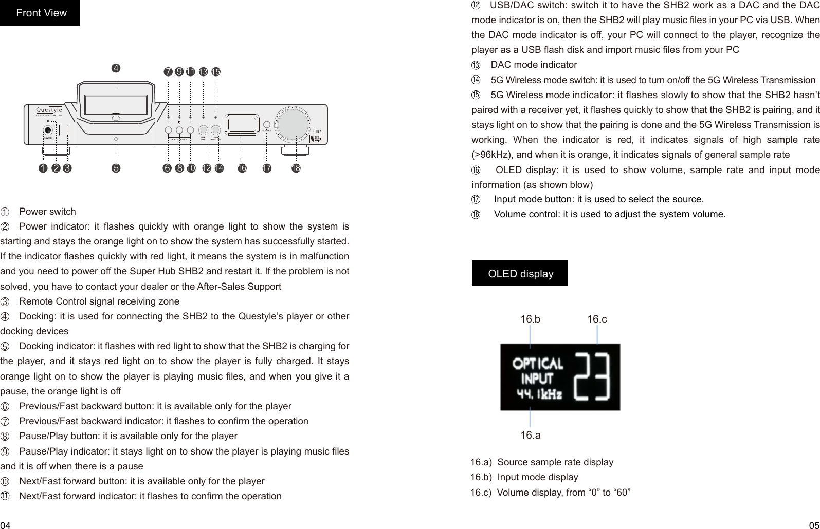         USB/DAC switch: switch it to have the SHB2 work as a DAC and the DAC mode indicator is on, then the SHB2 will play music files in your PC via USB. When the DAC mode indicator is off, your PC will connect to the player, recognize the player as a USB flash disk and import music files from your PC    　DAC mode indicator    　5G Wireless mode switch: it is used to turn on/off the 5G Wireless Transmission    　5G Wireless mode indicator: it flashes slowly to show that the SHB2 hasn’t paired with a receiver yet, it flashes quickly to show that the SHB2 is pairing, and it stays light on to show that the pairing is done and the 5G Wireless Transmission is working. When the indicator is red, it indicates signals of high sample rate (&gt;96kHz), and when it is orange, it indicates signals of general sample rate    　OLED display: it is used to show volume, sample rate and input mode information (as shown blow)04 05①　Power switch②　Power indicator: it flashes quickly with orange light to show the system is starting and stays the orange light on to show the system has successfully started. If the indicator flashes quickly with red light, it means the system is in malfunction and you need to power off the Super Hub SHB2 and restart it. If the problem is not solved, you have to contact your dealer or the After-Sales Support③　Remote Control signal receiving zone④　Docking: it is used for connecting the SHB2 to the Questyle’s player or other docking devices⑤　Docking indicator: it flashes with red light to show that the SHB2 is charging for the player, and it stays red light on to show the player is fully charged. It stays orange light on to show the player is playing music files, and when you give it a pause, the orange light is off⑥　Previous/Fast backward button: it is available only for the player⑦　Previous/Fast backward indicator: it flashes to confirm the operation⑧　Pause/Play button: it is available only for the player⑨　Pause/Play indicator: it stays light on to show the player is playing music files and it is off when there is a pause⑩　Next/Fast forward button: it is available only for the player    　Next/Fast forward indicator: it flashes to confirm the operation11121316    　  Input mode button: it is used to select the source.    　  Volume control: it is used to adjust the system volume.17181415Front View16.a)  Source sample rate display16.b)  Input mode display16.c)  Volume display, from “0” to “60”16.a16.b 16.cOLED display:675348910 1213 1514 16 17 181112OLED display