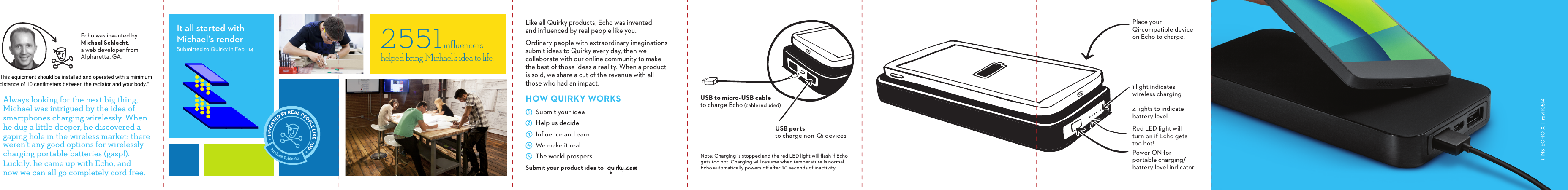 Always looking for the next big thing, Michael was intrigued by the idea of smartphones charging wirelessly. When he dug a little deeper, he discovered a gaping hole in the wireless market: there weren’t any good options for wirelessly charging portable batteries (gasp!). Luckily, he came up with Echo, and now we can all go completely cord free.Echo was invented by Michael Schlecht, a web developer from Alpharetta, GA.It all started withMichael’s renderSubmitted to Quirky in Feb  ‘14 2551         influencers  helped bring Michael’s idea to life.Like all Quirky products, Echo was invented  and inﬂuenced by real people like you. Ordinary people with extraordinary imaginations submit ideas to Quirky every day, then we  collaborate with our online community to make  the best of those ideas a reality. When a product is sold, we share a cut of the revenue with all  those who had an impact.HOWQUIRKYWORKSSubmit your product idea toSubmit your ideaHelp us decideInﬂuence and earnWe make it realThe world prospers Power ON for portable charging/battery level indicator1 light indicates wireless charging4 lights to indicate battery levelRed LED light will turn on if Echo gets too hot!Note: Charging is stopped and the red LED light will ﬂash if Echo  gets too hot. Charging will resume when temperature is normal.  Echo automatically powers oﬀ aer 20 seconds of inactivity.Michael SchlechtINVENTED BY REAL PEOPLE LIKE YOU Place your Qi-compatible device on Echo to charge.USB to micro-USB cable to charge Echo (cable included)USB ports to charge non-Qi devicesRINSECHOX|revThis equipment should be installed and operated with a minimum distance of 10 centimeters between the radiator and your body.&quot;