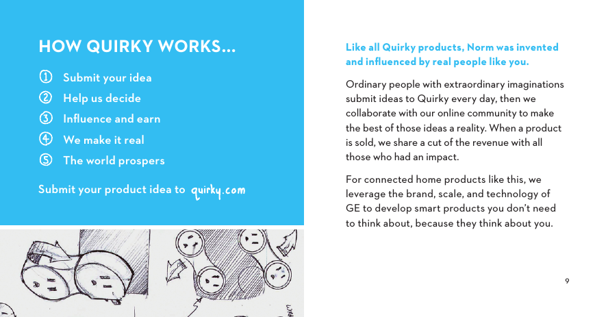 Submit your ideaHelp us decideInﬂuence and earnWe make it realThe world prospersSubmit your product idea toHOWQUIRKYWORKS Like all Quirky products, Norm was invented and inﬂuenced by real people like you.Ordinary people with extraordinary imaginations submit ideas to Quirky every day, then we  collaborate with our online community to make the best of those ideas a reality. When a product is sold, we share a cut of the revenue with all those who had an impact.For connected home products like this, we leverage the brand, scale, and technology of GE to develop smart products you don’t need to think about, because they think about you.
