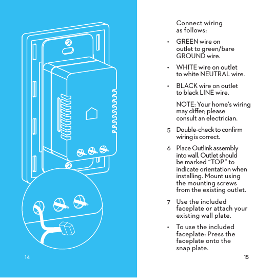 Connect wiring  as follows:•  GREEN wire on  outlet to green/bare  GROUND wire.•  WHITE wire on outlet  to white NEUTRAL wire.•  BLACK wire on outlet  to black LINE wire.NOTE: Your home’s wiring may diﬀer; please  consult an electrician. 5  Double-check to conﬁrm wiring is correct.6  Place Outlink assembly  into wall. Outlet should  be marked “TOP” to  indicate orientation when installing. Mount using  the mounting screws  from the existing outlet.7  Use the included faceplate or attach your existing wall plate.•  To use the included faceplate: Press the faceplate onto the  snap plate.