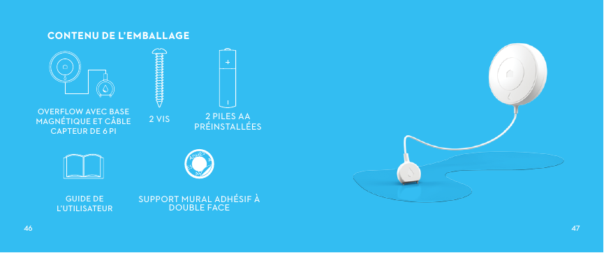  CONTENUDEL’EMBALLAGEOVERFLOWAVECBASEMAGNÉTIQUEETCÂBLECAPTEURDEPIGUIDEDEL’UTILISATEUR SUPPORTMURALADHÉSIFÀDOUBLEFACEPILESAAPRÉINSTALLÉESVIS
