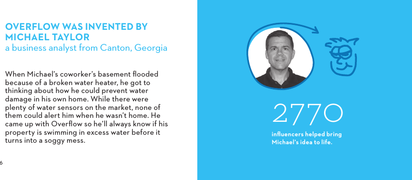  OVERFLOW WAS INVENTED BYMICHAELTAYLORa business analyst from Canton, GeorgiaWhen Michael’s coworker’s basement ﬂooded because of a broken water heater, he got to thinking about how he could prevent water damage in his own home. While there were plenty of water sensors on the market, none of them could alert him when he wasn’t home. He came up with Overﬂow so he’ll always know if his property is swimming in excess water before it turns into a soggy mess.2770inﬂuencers helped bring Michael’s idea to life.