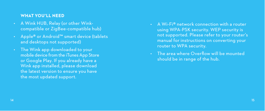•  A Wi-Fi® network connection with a router using WPA-PSK security. WEP security is not supported. Please refer to your router’s manual for instructions on converting your router to WPA security. •  The area where Overﬂow will be mounted should be in range of the hub.WHATYOU’LLNEED•  A Wink HUB, Relay (or other Wink-compatible or ZigBee-compatible hub)•  Apple® or Android™ smart device (tablets and desktops not supported)•  The Wink app downloaded to your  mobile device from the iTunes App Store  or Google Play. If you already have a  Wink app installed, please download  the latest version to ensure you have  the most updated support.    