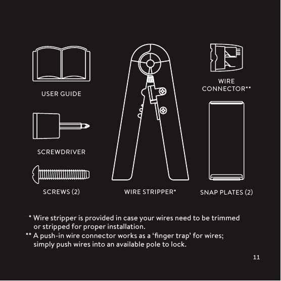 USER GUIDESCREWDRIVERSCREWS 2 WIRE STRIPPER* SNAP PLATES 2WIRE  CONNECTOR**** Wire stripper is provided in case your wires need to be trimmed  or stripped for proper installation.** A push-in wire connector works as a ‘ﬁnger trap’ for wires;  simply push wires into an available pole to lock.