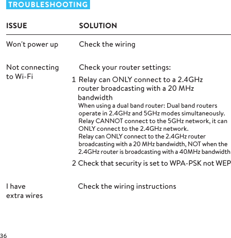  TROUBLESHOOTINGISSUEWon&apos;t power upI have  extra wiresNot connecting to Wi-FiSOLUTION    Check the wiring   Check the wiring instructions    Check your router settings:  Relay can ONLY connect to a .GHz    router broadcasting with a  MHz    bandwidthWhen using a dual band router: Dual band routers operate in 2.4GHz and 5GHz modes simultaneously. Relay CANNOT connect to the 5GHz network, it can ONLY connect to the 2.4GHz network.  Relay can ONLY connect to the 2.4GHz router broadcasting with a 20 MHz bandwidth, NOT when the 2.4GHz router is broadcasting with a 40MHz bandwidth Check that security is set to WPA-PSK not WEP