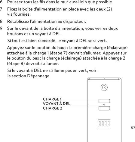 6  Poussez tous les ﬁls dans le mur aussi loin que possible.7  Fixez la boîte d’alimentation en place avec les deux (2) vis fournies.8  Rétablissez l’alimentation au disjoncteur.9  Sur le devant de la boîte d’alimentation, vous verrez deux boutons et un voyant à DEL.  Si tout est bien raccordé, le voyant à DEL sera vert.Appuyez sur le bouton du haut: la première charge (éclairage) attachée à la charge 1 (étape 7) devrait s’allumer. Appuyez sur le bouton du bas: la charge (éclairage) attachée à la charge 2 (étape 8) devrait s’allumer.  Si le voyant à DEL ne s’allume pas en vert, voir   la section Dépannage.CHARGE 1VOYANT À DELCHARGE 2