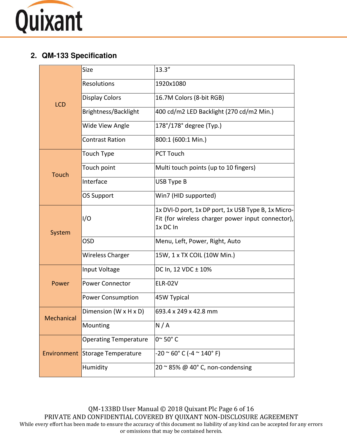    QM-133BD User Manual &copy;  2018 Quixant Plc Page 6 of 16 PRIVATE AND CONFIDENTIAL COVERED BY QUIXANT NON-DISCLOSURE AGREEMENT While every effort has been made to ensure the accuracy of this document no liability of any kind can be accepted for any errors or omissions that may be contained herein.     2. QM-133 Specification LCD Size 13.3&rdquo; Resolutions 1920x1080 Display Colors 16.7M Colors (8-bit RGB) Brightness/Backlight 400 cd/m2 LED Backlight (270 cd/m2 Min.) Wide View Angle 178&deg;/178&deg; degree (Typ.) Contrast Ration 800:1 (600:1 Min.) Touch Touch Type PCT Touch Touch point Multi touch points (up to 10 fingers) Interface USB Type B OS Support Win7 (HID supported) System I/O 1x DVI-D port, 1x DP port, 1x USB Type B, 1x Micro-Fit (for wireless charger power input connector), 1x DC In OSD Menu, Left, Power, Right, Auto Wireless Charger 15W, 1 x TX COIL (10W Min.) Power Input Voltage DC In, 12 VDC &plusmn; 10% Power Connector ELR-02V Power Consumption 45W Typical Mechanical Dimension (W x H x D) 693.4 x 249 x 42.8 mm Mounting N / A Environment Operating Temperature 0~ 50&deg; C Storage Temperature -20 ~ 60&deg; C (-4 ~ 140&deg; F) Humidity 20 ~ 85% @ 40&deg; C, non-condensing  