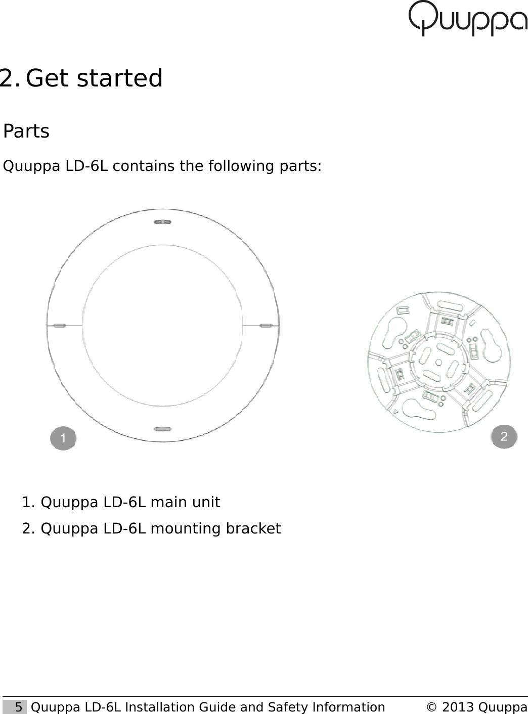  2. Get startedPartsQuuppa LD-6L contains the following parts: 1. Quuppa LD-6L main unit2. Quuppa LD-6L mounting bracket   5  Quuppa LD-6L Installation Guide and Safety Information &copy; 2013 Quuppa
