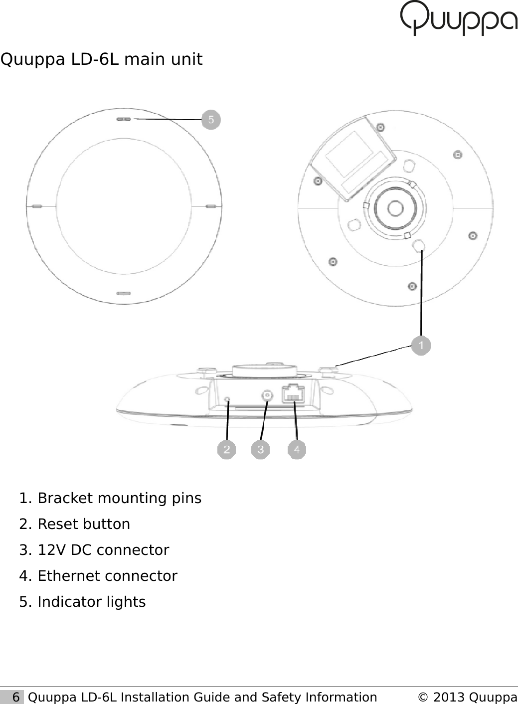 Quuppa LD-6L main unit1. Bracket mounting pins2. Reset button3. 12V DC connector4. Ethernet connector5. Indicator lights   6  Quuppa LD-6L Installation Guide and Safety Information &copy; 2013 Quuppa
