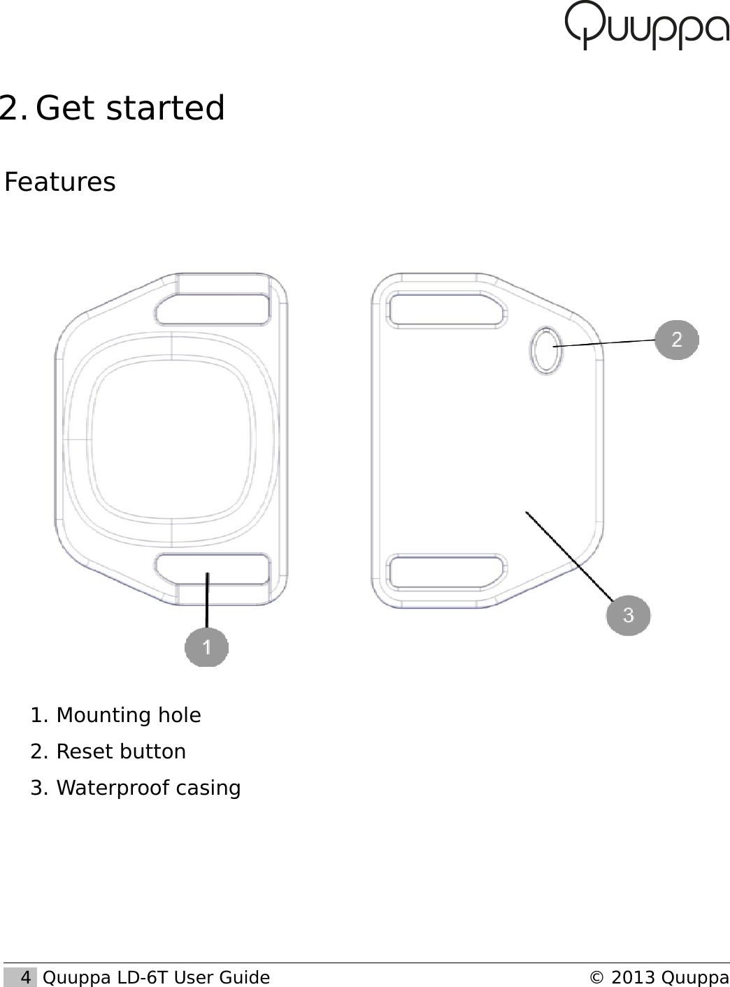  2. Get startedFeatures1. Mounting hole2. Reset button3. Waterproof casing    4  Quuppa LD-6T User Guide &copy; 2013 Quuppa