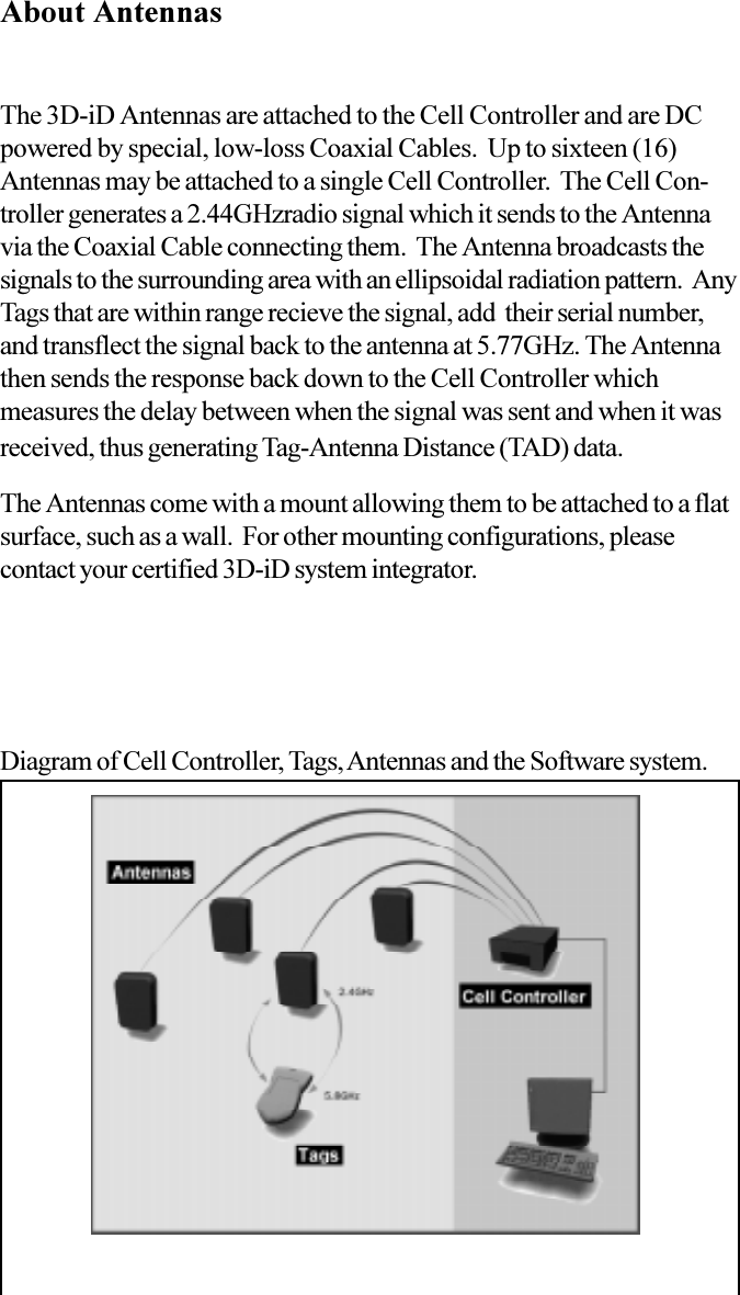 About AntennasThe 3D-iD Antennas are attached to the Cell Controller and are DCpowered by special, low-loss Coaxial Cables.  Up to sixteen (16)Antennas may be attached to a single Cell Controller.  The Cell Con-troller generates a 2.44GHzradio signal which it sends to the Antennavia the Coaxial Cable connecting them.  The Antenna broadcasts thesignals to the surrounding area with an ellipsoidal radiation pattern.  AnyTags that are within range recieve the signal, add  their serial number,and transflect the signal back to the antenna at 5.77GHz. The Antennathen sends the response back down to the Cell Controller whichmeasures the delay between when the signal was sent and when it wasreceived, thus generating Tag-Antenna Distance (TAD) data.Diagram of Cell Controller, Tags, Antennas and the Software system.The Antennas come with a mount allowing them to be attached to a flatsurface, such as a wall.  For other mounting configurations, pleasecontact your certified 3D-iD system integrator.