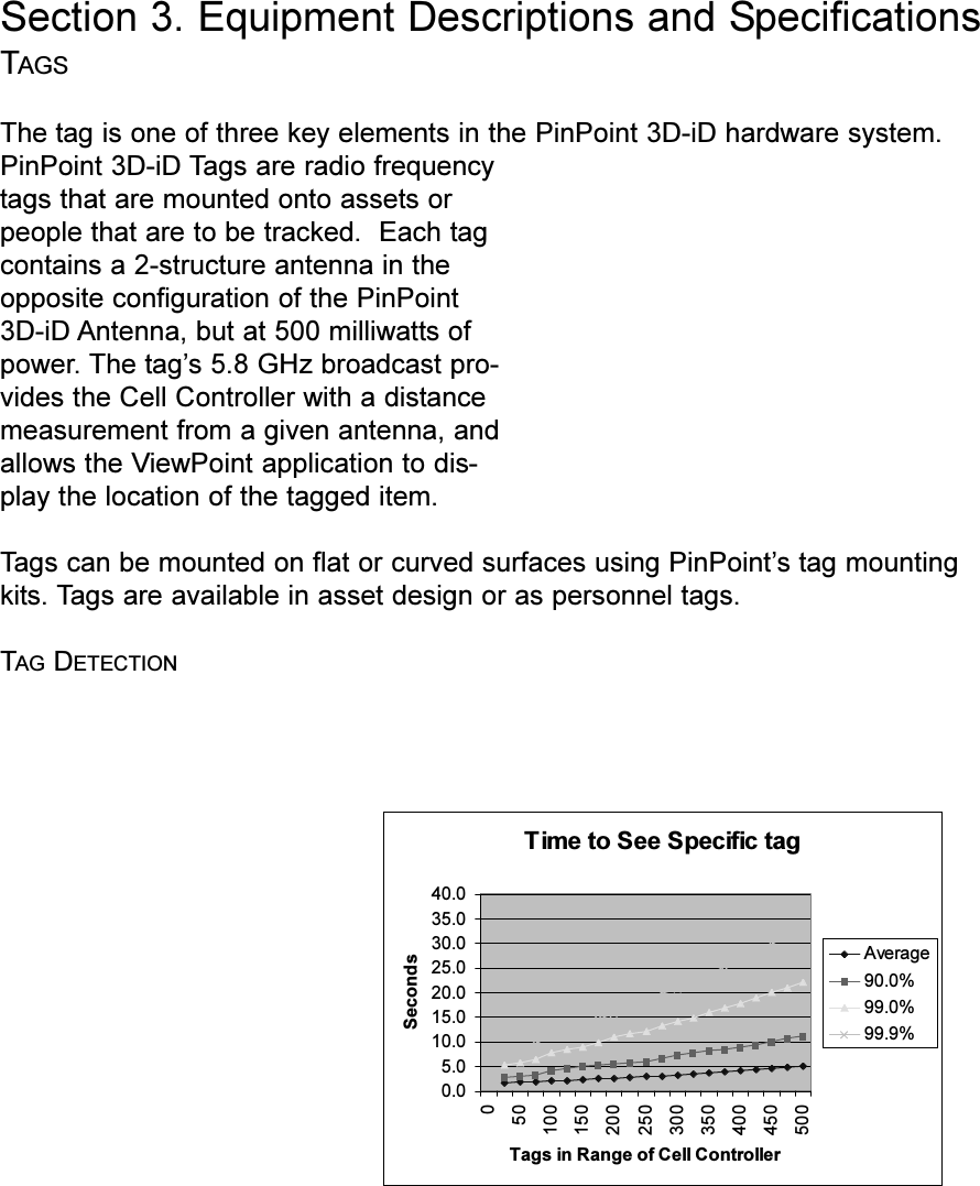 Section 3. Equipment Descriptions and SpecificationsTAGSThe tag is one of three key elements in the PinPoint 3D-iD hardware system.PinPoint 3D-iD Tags are radio frequencytags that are mounted onto assets orpeople that are to be tracked.  Each tagcontains a 2-structure antenna in theopposite configuration of the PinPoint3D-iD Antenna, but at 500 milliwatts ofpower. The tags 5.8 GHz broadcast pro-vides the Cell Controller with a distancemeasurement from a given antenna, andallows the ViewPoint application to dis-play the location of the tagged item. Tags can be mounted on flat or curved surfaces using PinPoints tag mountingkits. Tags are available in asset design or as personnel tags.TAG DETECTIONTime to See Specific tag0.05.010.015.020.025.030.035.040.0050100150200250300350400450500Tags in Range of Cell ControllerSecondsAverage90.0%99.0%99.9%