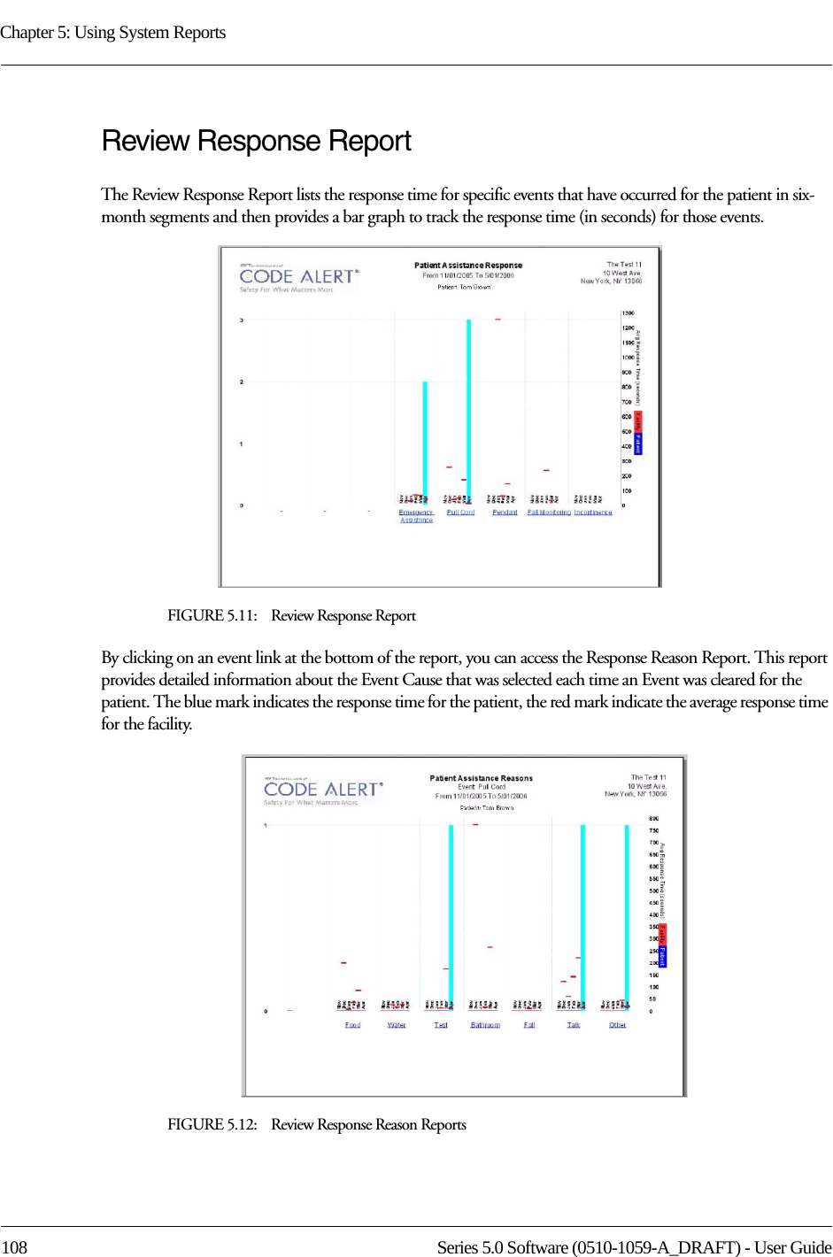 Chapter 5: Using System Reports108 Series 5.0 Software (0510-1059-A_DRAFT) - User GuideReview Response ReportThe Review Response Report lists the response time for specific events that have occurred for the patient in six-month segments and then provides a bar graph to track the response time (in seconds) for those events.FIGURE 5.11:    Review Response ReportBy clicking on an event link at the bottom of the report, you can access the Response Reason Report. This report provides detailed information about the Event Cause that was selected each time an Event was cleared for the patient. The blue mark indicates the response time for the patient, the red mark indicate the average response time for the facility. FIGURE 5.12:    Review Response Reason Reports