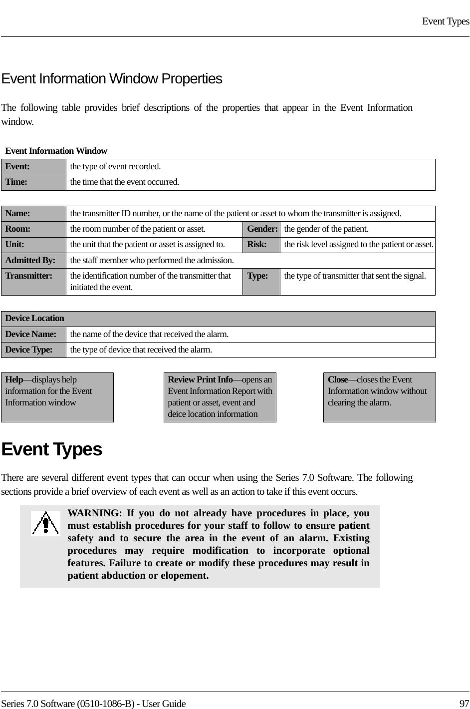 Series 7.0 Software (0510-1086-B) - User Guide  97Event TypesEvent Information Window PropertiesThe following table provides brief descriptions of the properties that appear in the Event Information window.Event TypesThere are several different event types that can occur when using the Series 7.0 Software. The following sections provide a brief overview of each event as well as an action to take if this event occurs.Event Information WindowEvent:  the type of event recorded. Time: the time that the event occurred.Name: the transmitter ID number, or the name of the patient or asset to whom the transmitter is assigned.Room: the room number of the patient or asset. Gender: the gender of the patient.Unit: the unit that the patient or asset is assigned to. Risk: the risk level assigned to the patient or asset.Admitted By: the staff member who performed the admission.Transmitter: the identification number of the transmitter that initiated the event. Type: the type of transmitter that sent the signal.Device LocationDevice Name: the name of the device that received the alarm.Device Type: the type of device that received the alarm.Help—displays help information for the Event Information windowReview Print Info—opens an Event Information Report with patient or asset, event and deice location informationClose—closes the Event Information window without clearing the alarm.WARNING: If you do not already have procedures in place, you must establish procedures for your staff to follow to ensure patient safety and to secure the area in the event of an alarm. Existing procedures may require modification to incorporate optional features. Failure to create or modify these procedures may result in patient abduction or elopement. 