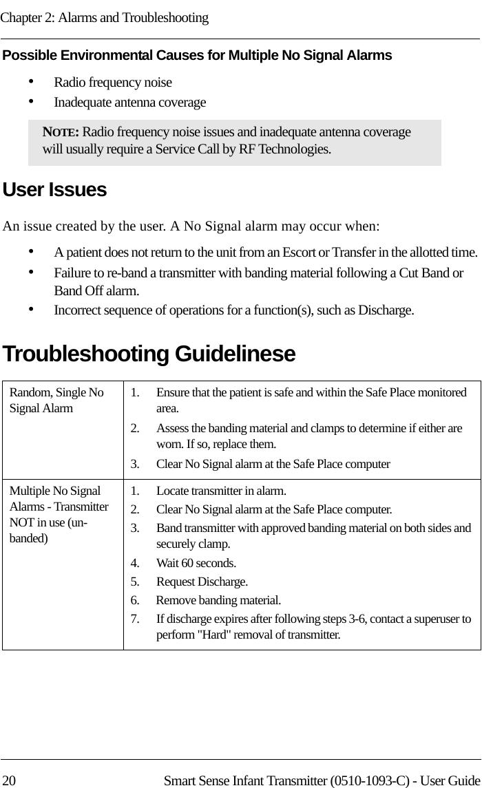 Chapter 2: Alarms and Troubleshooting20 Smart Sense Infant Transmitter (0510-1093-C) - User GuidePossible Environmental Causes for Multiple No Signal Alarms•Radio frequency noise•Inadequate antenna coverage User IssuesAn issue created by the user. A No Signal alarm may occur when: •A patient does not return to the unit from an Escort or Transfer in the allotted time. •Failure to re-band a transmitter with banding material following a Cut Band or Band Off alarm. •Incorrect sequence of operations for a function(s), such as Discharge.Troubleshooting GuidelineseNOTE: Radio frequency noise issues and inadequate antenna coverage will usually require a Service Call by RF Technologies.Random, Single No Signal Alarm 1.    Ensure that the patient is safe and within the Safe Place monitored area.2.    Assess the banding material and clamps to determine if either are worn. If so, replace them.3.    Clear No Signal alarm at the Safe Place computerMultiple No Signal Alarms - Transmitter NOT in use (un-banded)1.    Locate transmitter in alarm.2.    Clear No Signal alarm at the Safe Place computer.3.    Band transmitter with approved banding material on both sides and securely clamp.4.    Wait 60 seconds.5.    Request Discharge.6.    Remove banding material.7.    If discharge expires after following steps 3-6, contact a superuser to perform &quot;Hard&quot; removal of transmitter.