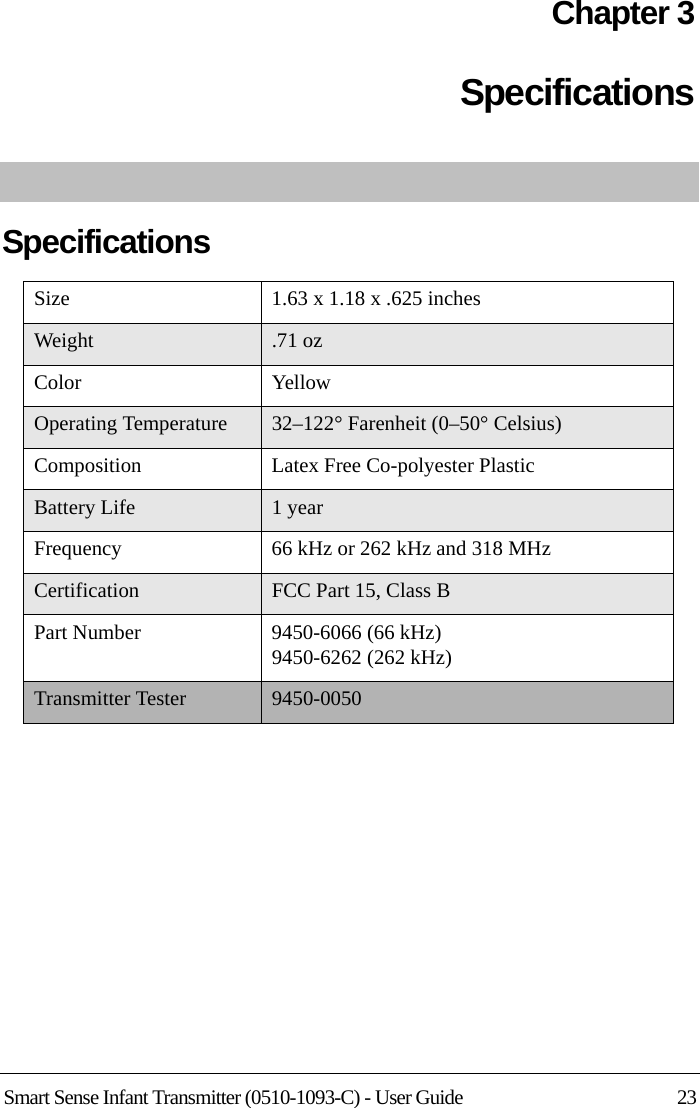 Smart Sense Infant Transmitter (0510-1093-C) - User Guide 23Chapter 3SpecificationsSpecificationsSize 1.63 x 1.18 x .625 inchesWeight .71 ozColor YellowOperating Temperature 32–122° Farenheit (0–50° Celsius)Composition Latex Free Co-polyester PlasticBattery Life 1 yearFrequency 66 kHz or 262 kHz and 318 MHzCertification FCC Part 15, Class BPart Number 9450-6066 (66 kHz)9450-6262 (262 kHz)Transmitter Tester 9450-0050