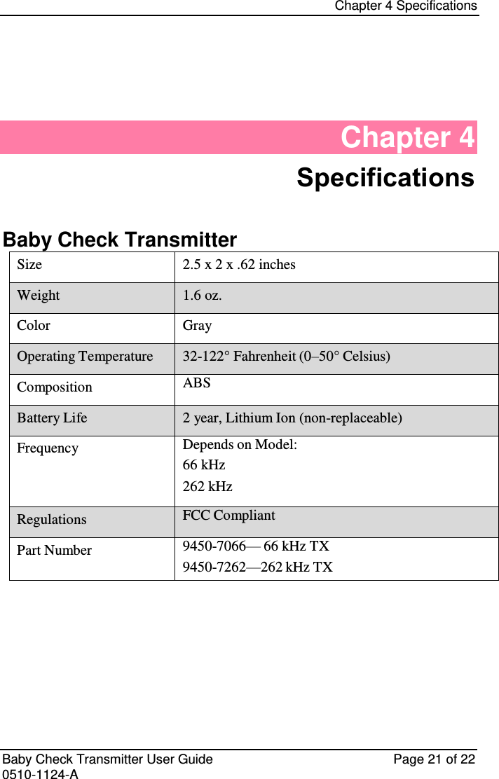 Chapter 4 Specifications   Baby Check Transmitter User Guide   Page 21 of 22 0510-1124-A Chapter 4 Specifications Baby Check Transmitter Size 2.5 x 2 x .62 inches Weight 1.6 oz. Color Gray Operating Temperature 32-122° Fahrenheit (0–50° Celsius) Composition ABS Battery Life 2 year, Lithium Ion (non-replaceable) Frequency Depends on Model: 66 kHz 262 kHz Regulations FCC Compliant Part Number 9450-7066— 66 kHz TX 9450-7262—262 kHz TX    