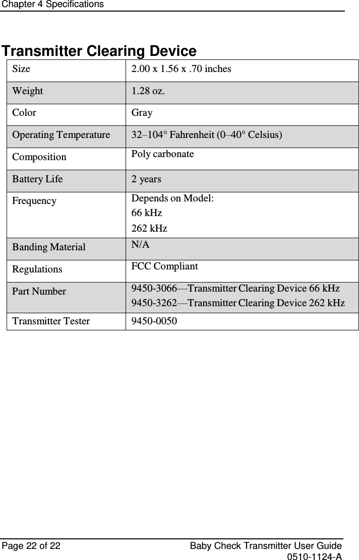 Chapter 4 Specifications   Page 22 of 22  Baby Check Transmitter User Guide   0510-1124-A Transmitter Clearing Device Size 2.00 x 1.56 x .70 inches Weight 1.28 oz. Color Gray Operating Temperature 32–104° Fahrenheit (0–40° Celsius) Composition Poly carbonate Battery Life 2 years Frequency Depends on Model: 66 kHz 262 kHz Banding Material N/A Regulations FCC Compliant Part Number 9450-3066—Transmitter Clearing Device 66 kHz 9450-3262—Transmitter Clearing Device 262 kHz Transmitter Tester 9450-0050  