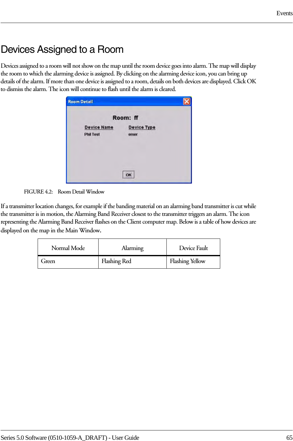 Series 5.0 Software (0510-1059-A_DRAFT) - User Guide  65EventsDevices Assigned to a RoomDevices assigned to a room will not show on the map until the room device goes into alarm. The map will display the room to which the alarming device is assigned. By clicking on the alarming device icon, you can bring up details of the alarm. If more than one device is assigned to a room, details on both devices are displayed. Click OK to dismiss the alarm. The icon will continue to flash until the alarm is cleared.FIGURE 4.2:    Room Detail WindowIf a transmitter location changes, for example if the banding material on an alarming band transmitter is cut while the transmitter is in motion, the Alarming Band Receiver closest to the transmitter triggers an alarm. The icon representing the Alarming Band Receiver flashes on the Client computer map. Below is a table of how devices are displayed on the map in the Main Window.Normal Mode  Alarming Device FaultGreen Flashing Red Flashing Yellow