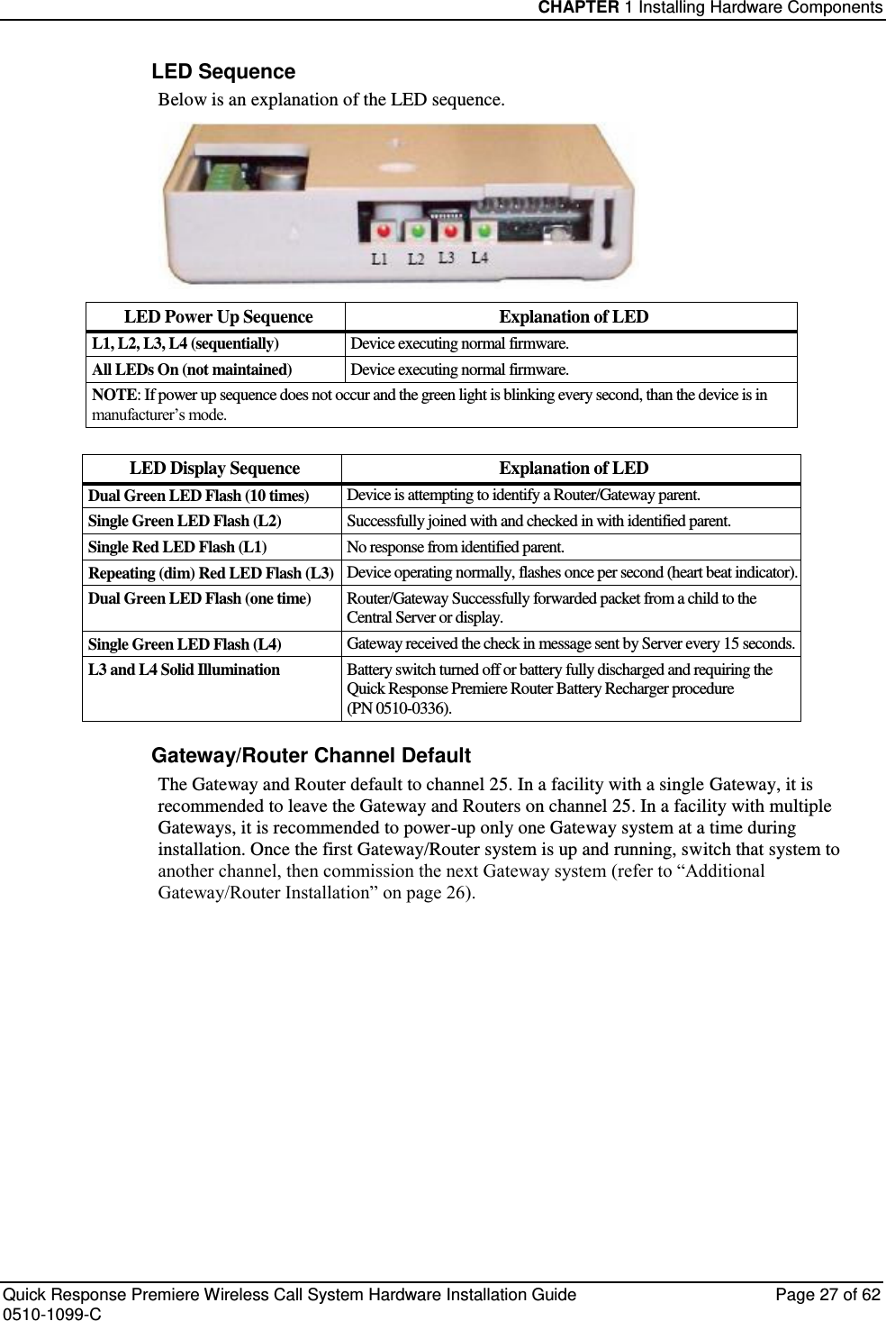 CHAPTER 1 Installing Hardware Components  Quick Response Premiere Wireless Call System Hardware Installation Guide  Page 27 of 62 0510-1099-C  LED Sequence Below is an explanation of the LED sequence.  LED Power Up Sequence Explanation of LED L1, L2, L3, L4 (sequentially) Device executing normal firmware. All LEDs On (not maintained) Device executing normal firmware. NOTE: If power up sequence does not occur and the green light is blinking every second, than the device is in manufacturer’s mode.  LED Display Sequence Explanation of LED Dual Green LED Flash (10 times) Device is attempting to identify a Router/Gateway parent. Single Green LED Flash (L2) Successfully joined with and checked in with identified parent. Single Red LED Flash (L1) No response from identified parent. Repeating (dim) Red LED Flash (L3) Device operating normally, flashes once per second (heart beat indicator). Dual Green LED Flash (one time) Router/Gateway Successfully forwarded packet from a child to the Central Server or display. Single Green LED Flash (L4) Gateway received the check in message sent by Server every 15 seconds. L3 and L4 Solid Illumination Battery switch turned off or battery fully discharged and requiring the Quick Response Premiere Router Battery Recharger procedure  (PN 0510-0336). Gateway/Router Channel Default The Gateway and Router default to channel 25. In a facility with a single Gateway, it is recommended to leave the Gateway and Routers on channel 25. In a facility with multiple Gateways, it is recommended to power-up only one Gateway system at a time during installation. Once the first Gateway/Router system is up and running, switch that system to another channel, then commission the next Gateway system (refer to “Additional Gateway/Router Installation” on page 26).    