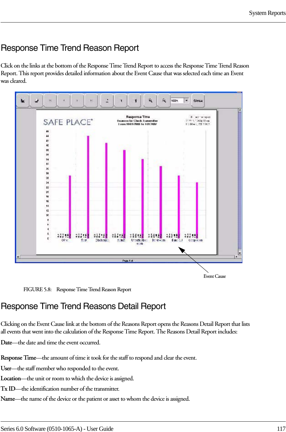 Series 6.0 Software (0510-1065-A) - User Guide  117System ReportsResponse Time Trend Reason ReportClick on the links at the bottom of the Response Time Trend Report to access the Response Time Trend Reason Report. This report provides detailed information about the Event Cause that was selected each time an Event was cleared. FIGURE 5.8:    Response Time Trend Reason ReportResponse Time Trend Reasons Detail ReportClicking on the Event Cause link at the bottom of the Reasons Report opens the Reasons Detail Report that lists all events that went into the calculation of the Response Time Report. The Reasons Detail Report includes:Date—the date and time the event occurred.Response Time—the amount of time it took for the staff to respond and clear the event.User—the staff member who responded to the event. Location—the unit or room to which the device is assigned.Tx ID—the identification number of the transmitter.Name—the name of the device or the patient or asset to whom the device is assigned.Event Cause