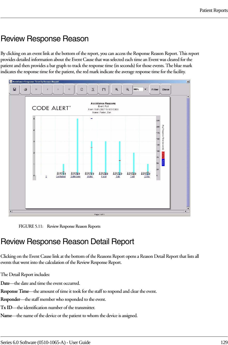 Series 6.0 Software (0510-1065-A) - User Guide  129Patient ReportsReview Response ReasonBy clicking on an event link at the bottom of the report, you can access the Response Reason Report. This report provides detailed information about the Event Cause that was selected each time an Event was cleared for the patient and then provides a bar graph to track the response time (in seconds) for those events. The blue mark indicates the response time for the patient, the red mark indicate the average response time for the facility. FIGURE 5.11:    Review Response Reason ReportsReview Response Reason Detail ReportClicking on the Event Cause link at the bottom of the Reasons Report opens a Reason Detail Report that lists all events that went into the calculation of the Review Response Report. The Detail Report includes:Date—the date and time the event occurred.Response Time—the amount of time it took for the staff to respond and clear the event.Responder—the staff member who responded to the event. Tx ID—the identification number of the transmitter.Name—the name of the device or the patient to whom the device is assigned.
