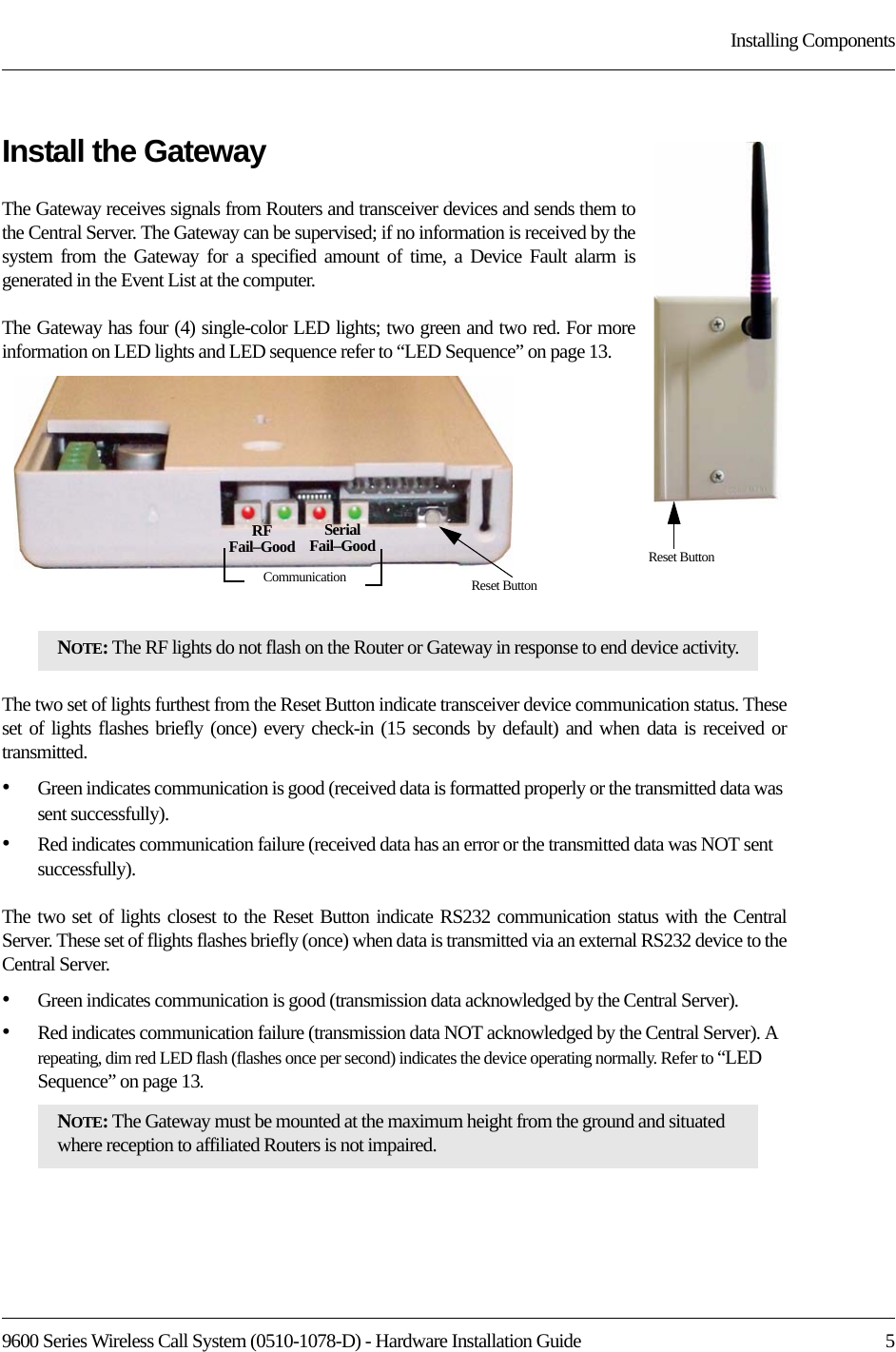 9600 Series Wireless Call System (0510-1078-D) - Hardware Installation Guide  5Installing ComponentsInstall the GatewayThe Gateway receives signals from Routers and transceiver devices and sends them to the Central Server. The Gateway can be supervised; if no information is received by the system from the Gateway for a specified amount of time, a Device Fault alarm is generated in the Event List at the computer.The Gateway has four (4) single-color LED lights; two green and two red. For more information on LED lights and LED sequence refer to “LED Sequence” on page 13.The two set of lights furthest from the Reset Button indicate transceiver device communication status. These set of lights flashes briefly (once) every check-in (15 seconds by default) and when data is received or transmitted.•Green indicates communication is good (received data is formatted properly or the transmitted data was sent successfully). •Red indicates communication failure (received data has an error or the transmitted data was NOT sent successfully).The two set of lights closest to the Reset Button indicate RS232 communication status with the Central Server. These set of flights flashes briefly (once) when data is transmitted via an external RS232 device to the Central Server.•Green indicates communication is good (transmission data acknowledged by the Central Server).•Red indicates communication failure (transmission data NOT acknowledged by the Central Server). A repeating, dim red LED flash (flashes once per second) indicates the device operating normally. Refer to “LED Sequence” on page 13. NOTE: The RF lights do not flash on the Router or Gateway in response to end device activity.NOTE: The Gateway must be mounted at the maximum height from the ground and situated where reception to affiliated Routers is not impaired.Reset ButtonCommunicationSerialFail–GoodRFFail–GoodReset Button