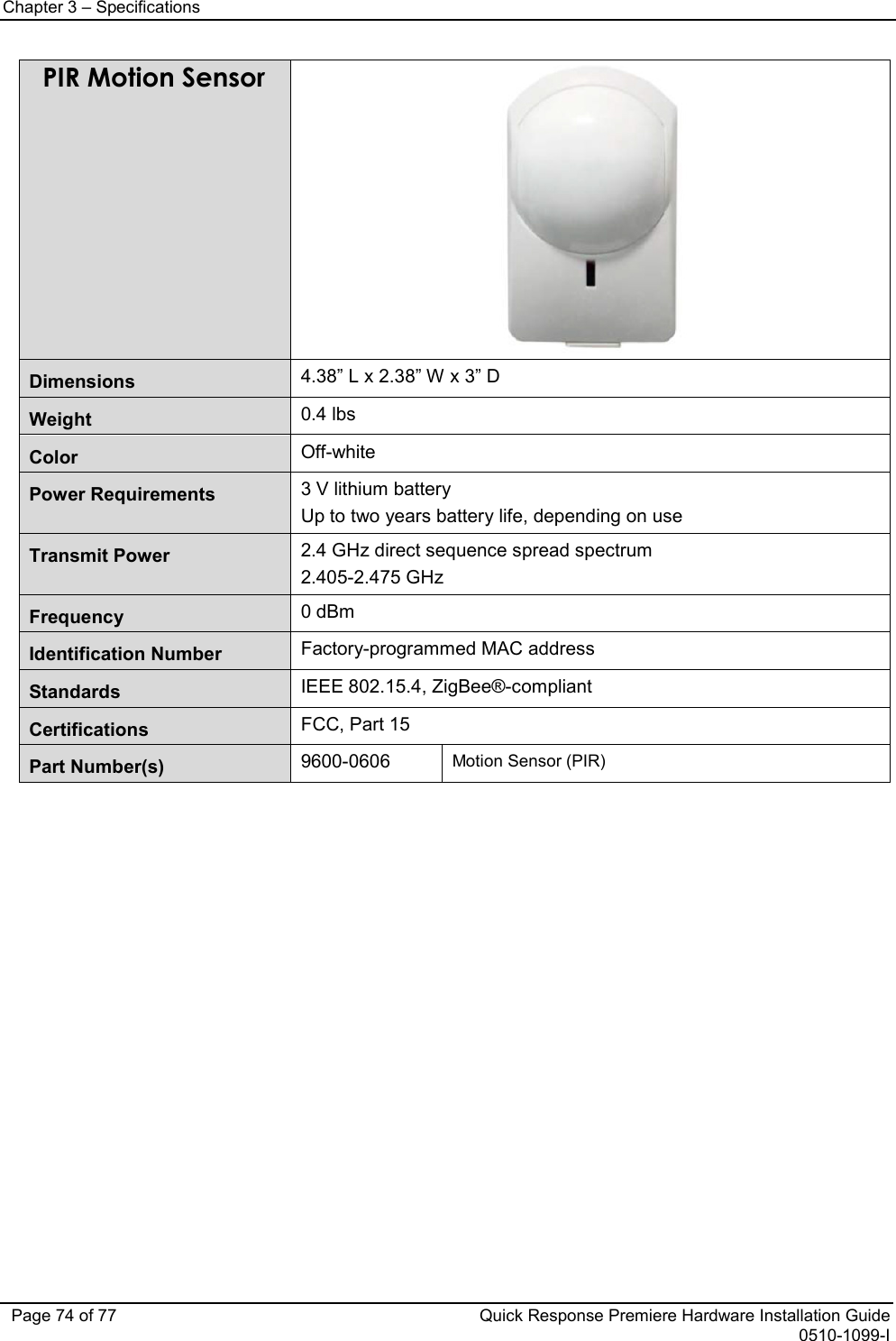 Chapter 3 – Specifications   Page 74 of 77 Quick Response Premiere Hardware Installation Guide 0510-1099-I PIR Motion Sensor  Dimensions 4.38” L x 2.38” W x 3” D Weight 0.4 lbs Color Off-white Power Requirements 3 V lithium battery Up to two years battery life, depending on use Transmit Power 2.4 GHz direct sequence spread spectrum 2.405-2.475 GHz Frequency 0 dBm Identification Number Factory-programmed MAC address Standards IEEE 802.15.4, ZigBee®-compliant Certifications FCC, Part 15 Part Number(s)  9600-0606 Motion Sensor (PIR)                          