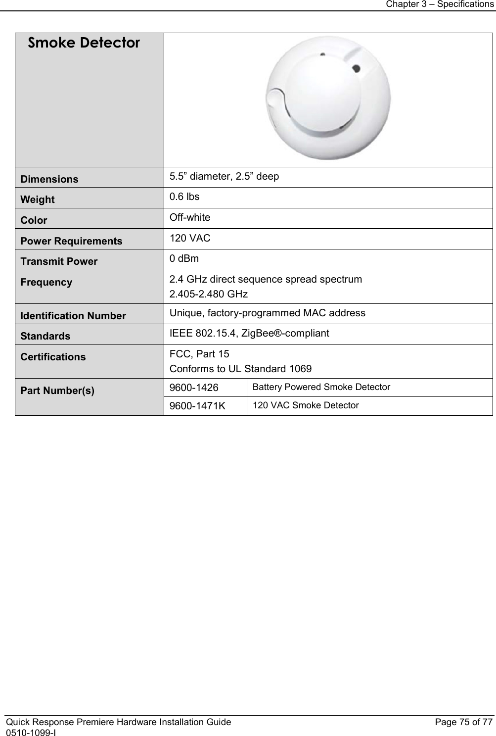 Chapter 3 – Specifications  Quick Response Premiere Hardware Installation Guide    Page 75 of 77 0510-1099-I Smoke Detector  Dimensions 5.5” diameter, 2.5” deep Weight 0.6 lbs Color Off-white Power Requirements 120 VAC Transmit Power 0 dBm Frequency 2.4 GHz direct sequence spread spectrum 2.405-2.480 GHz Identification Number Unique, factory-programmed MAC address Standards IEEE 802.15.4, ZigBee®-compliant Certifications FCC, Part 15 Conforms to UL Standard 1069 Part Number(s)  9600-1426 Battery Powered Smoke Detector 9600-1471K 120 VAC Smoke Detector                        