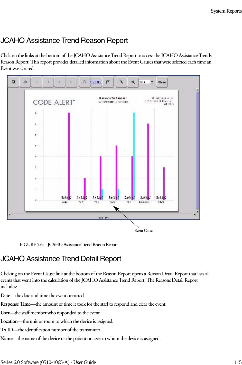 Series 6.0 Software (0510-1065-A) - User Guide  115System ReportsJCAHO Assistance Trend Reason ReportClick on the links at the bottom of the JCAHO Assistance Trend Report to access the JCAHO Assistance Trends Reason Report. This report provides detailed information about the Event Causes that were selected each time an Event was cleared.FIGURE 5.6:    JCAHO Assistance Trend Reason Report JCAHO Assistance Trend Detail ReportClicking on the Event Cause link at the bottom of the Reason Report opens a Reason Detail Report that lists all events that went into the calculation of the JCAHO Assistance Trend Report. The Reasons Detail Report includes:Date—the date and time the event occurred.Response Time—the amount of time it took for the staff to respond and clear the event.User—the staff member who responded to the event. Location—the unit or room to which the device is assigned.Tx ID—the identification number of the transmitter.Name—the name of the device or the patient or asset to whom the device is assigned.Event Cause