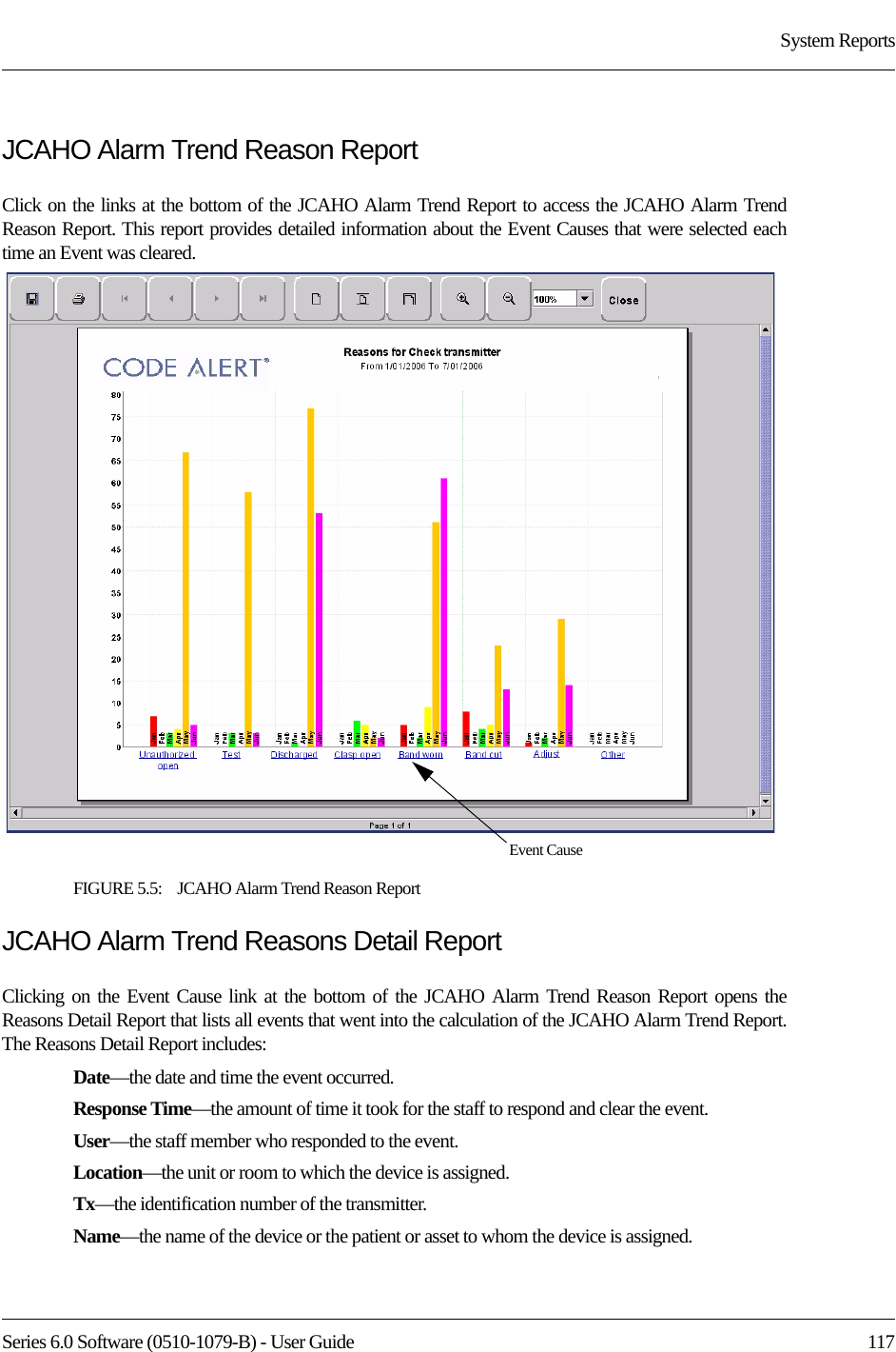 Series 6.0 Software (0510-1079-B) - User Guide  117System ReportsJCAHO Alarm Trend Reason ReportClick on the links at the bottom of the JCAHO Alarm Trend Report to access the JCAHO Alarm Trend Reason Report. This report provides detailed information about the Event Causes that were selected each time an Event was cleared.FIGURE 5.5:    JCAHO Alarm Trend Reason ReportJCAHO Alarm Trend Reasons Detail ReportClicking on the Event Cause link at the bottom of the JCAHO Alarm Trend Reason Report opens the Reasons Detail Report that lists all events that went into the calculation of the JCAHO Alarm Trend Report. The Reasons Detail Report includes:Date—the date and time the event occurred.Response Time—the amount of time it took for the staff to respond and clear the event.User—the staff member who responded to the event. Location—the unit or room to which the device is assigned.Tx—the identification number of the transmitter.Name—the name of the device or the patient or asset to whom the device is assigned.Event Cause