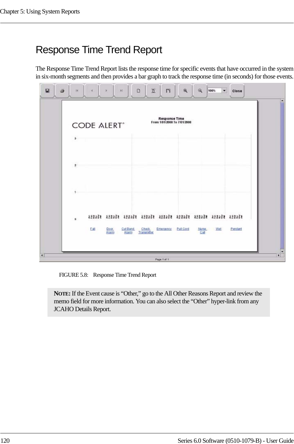 Chapter 5: Using System Reports120 Series 6.0 Software (0510-1079-B) - User GuideResponse Time Trend ReportThe Response Time Trend Report lists the response time for specific events that have occurred in the system in six-month segments and then provides a bar graph to track the response time (in seconds) for those events.FIGURE 5.8:    Response Time Trend ReportNOTE: If the Event cause is “Other,” go to the All Other Reasons Report and review the memo field for more information. You can also select the “Other” hyper-link from any JCAHO Details Report.