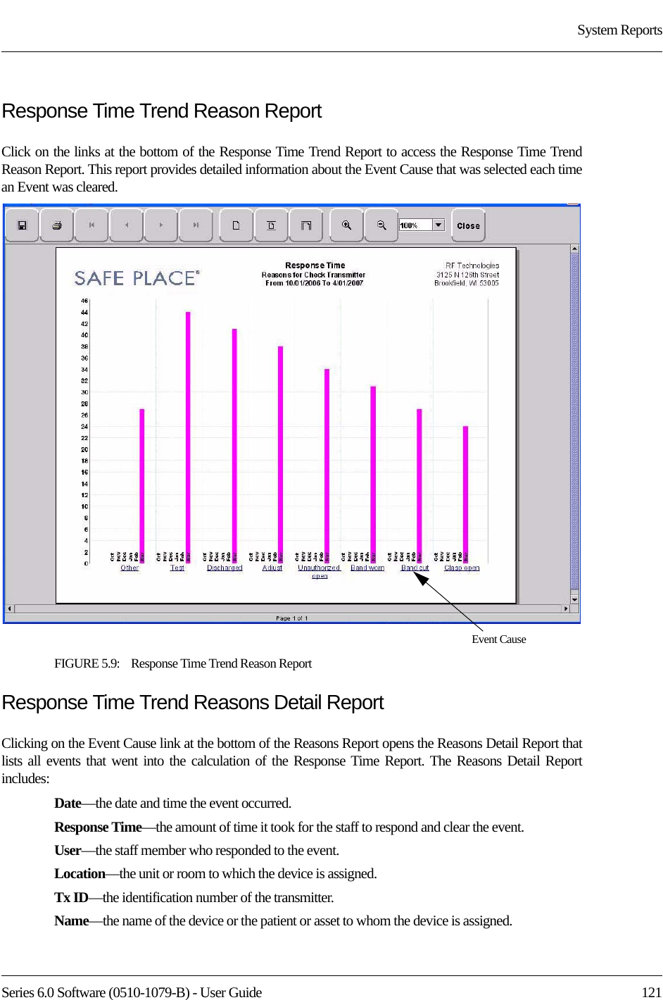 Series 6.0 Software (0510-1079-B) - User Guide  121System ReportsResponse Time Trend Reason ReportClick on the links at the bottom of the Response Time Trend Report to access the Response Time Trend Reason Report. This report provides detailed information about the Event Cause that was selected each time an Event was cleared. FIGURE 5.9:    Response Time Trend Reason ReportResponse Time Trend Reasons Detail ReportClicking on the Event Cause link at the bottom of the Reasons Report opens the Reasons Detail Report that lists all events that went into the calculation of the Response Time Report. The Reasons Detail Report includes:Date—the date and time the event occurred.Response Time—the amount of time it took for the staff to respond and clear the event.User—the staff member who responded to the event. Location—the unit or room to which the device is assigned.Tx ID—the identification number of the transmitter.Name—the name of the device or the patient or asset to whom the device is assigned.Event Cause